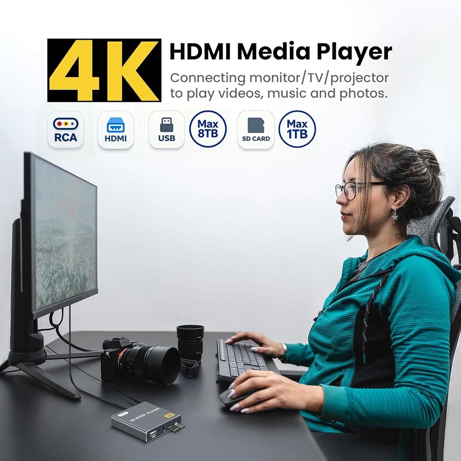Cyfrowy odtwarzacz multimedialny 4K Ultra HD, TV MP4, odtwarzacz wideo, mini Digital Signage, HDMI, do napędu USB/karty SD, H.265/HEVC, automatyczne odtwarzanie, z wyjściem AV (szary)