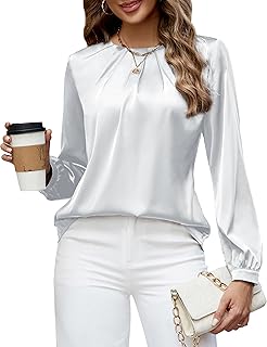 Womens Dressy Business Casual Blouse Pleated Long Sleeve Tops Satin Silk Work Shirt Fall Outfits 2025