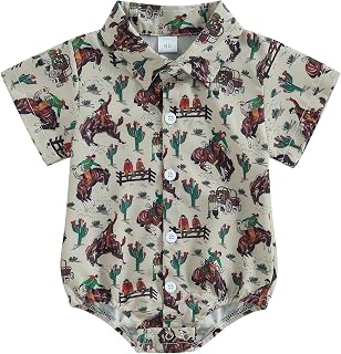 Infant Baby Boy Short Sleeve Romper Summer Bodysuit Lapel Jumpsuit Button Down Onesie Western Cowboy Outfits One-Piece