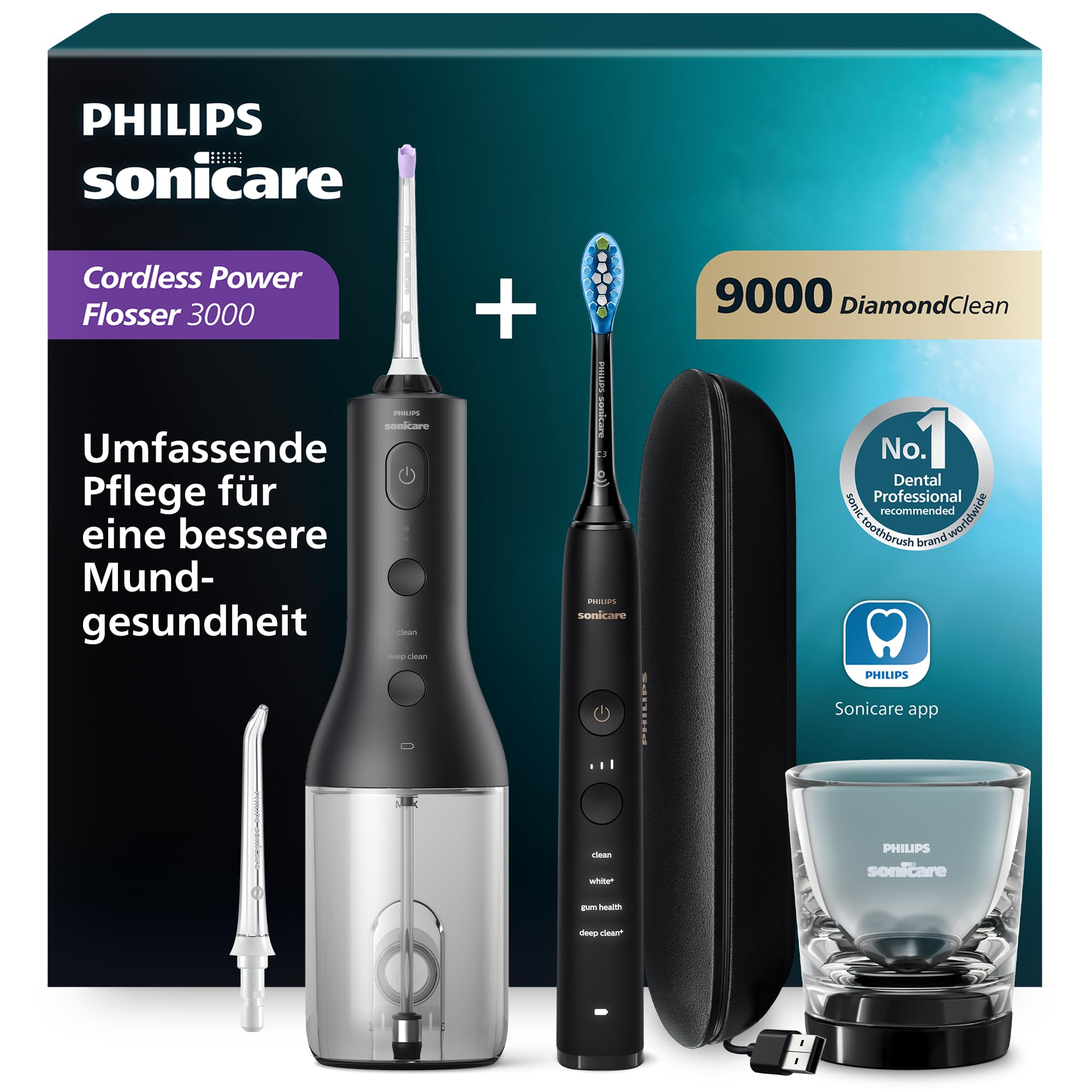 Philips Sonicare kabellose Power Flosser Munddusche und DiamondClean 9000 elektrische Zahnbürste – Saubere Zähne, sauberes Zahnfleisch und Plaque-Entfernung, schwarz (Modell HX3886/43)