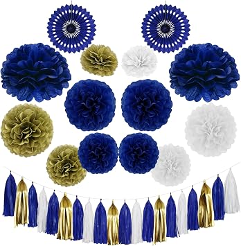 Envibe Navy Blue White Gold Party Decorations - Tissue Paper Pom Poms for Birthday, Baby Showers, Gender Reveal & Bridal Showers - 34 Pcs Blue Wedding Decorations