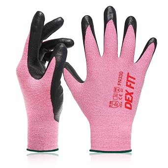 DEX FIT Nitrile Work Gloves FN330, 3D Comfort Fit, Touchscreen Grip Gloves for Warehouse, Construction, Package Handling, Delivery & General Work, Men & Women, Pink, M, 3 Pairs