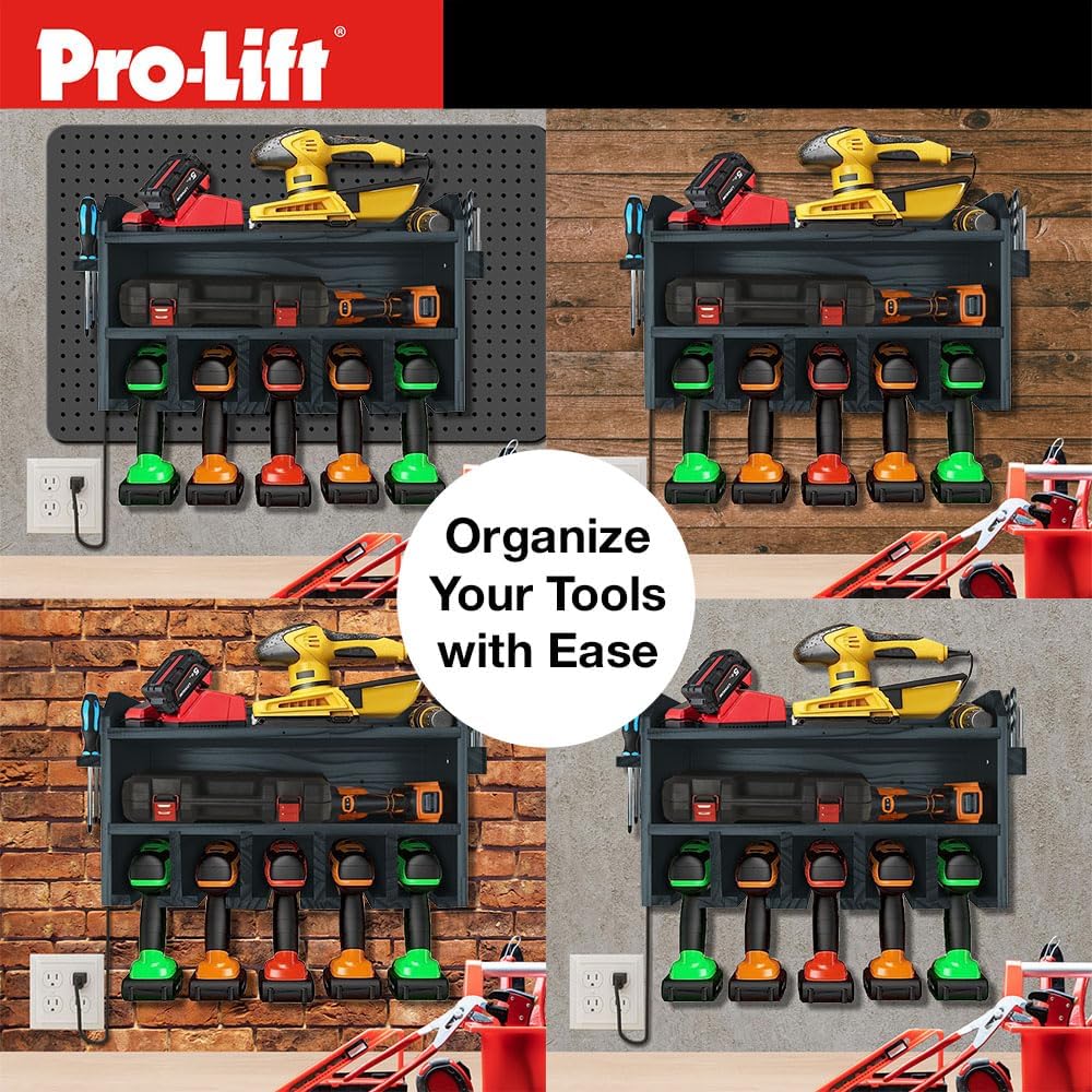 Pro-Lift Cordless Drill Organizer – wall mount power tool storage rack, 5 hanging slots, wooden M-003W1