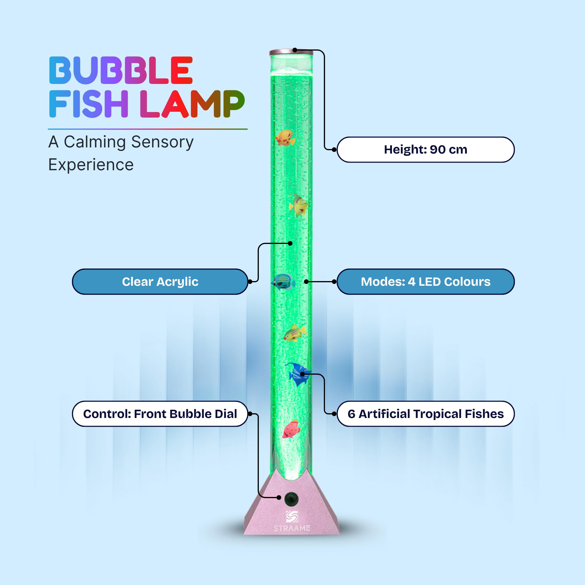 Straame 90cm Bubble Fish Lamp, Colour Changing LED Light, Sensory Room Decor & Mood Lamp, Includes Artificial Tropical Fish, Adjustable Bubble Tube, Plug-in Power, Rose-Gold Base — view 2