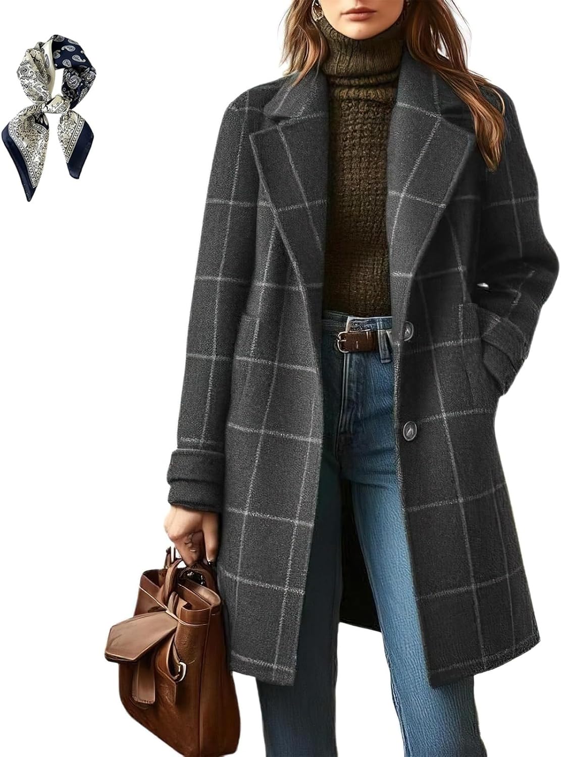 Women's Plaid Retro Pea Coat Winter Notched Collar Plaid Wool Trench Collar Mid Long Overcoat Outerwear