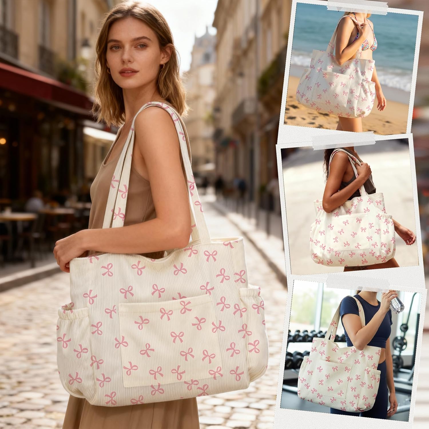 Corduroy Tote Bag for Women,Large Capacity Cute Tote Bags With 6 Pockets,Crossbody Shoulder Handbag for Work Travel Gym - Image 2