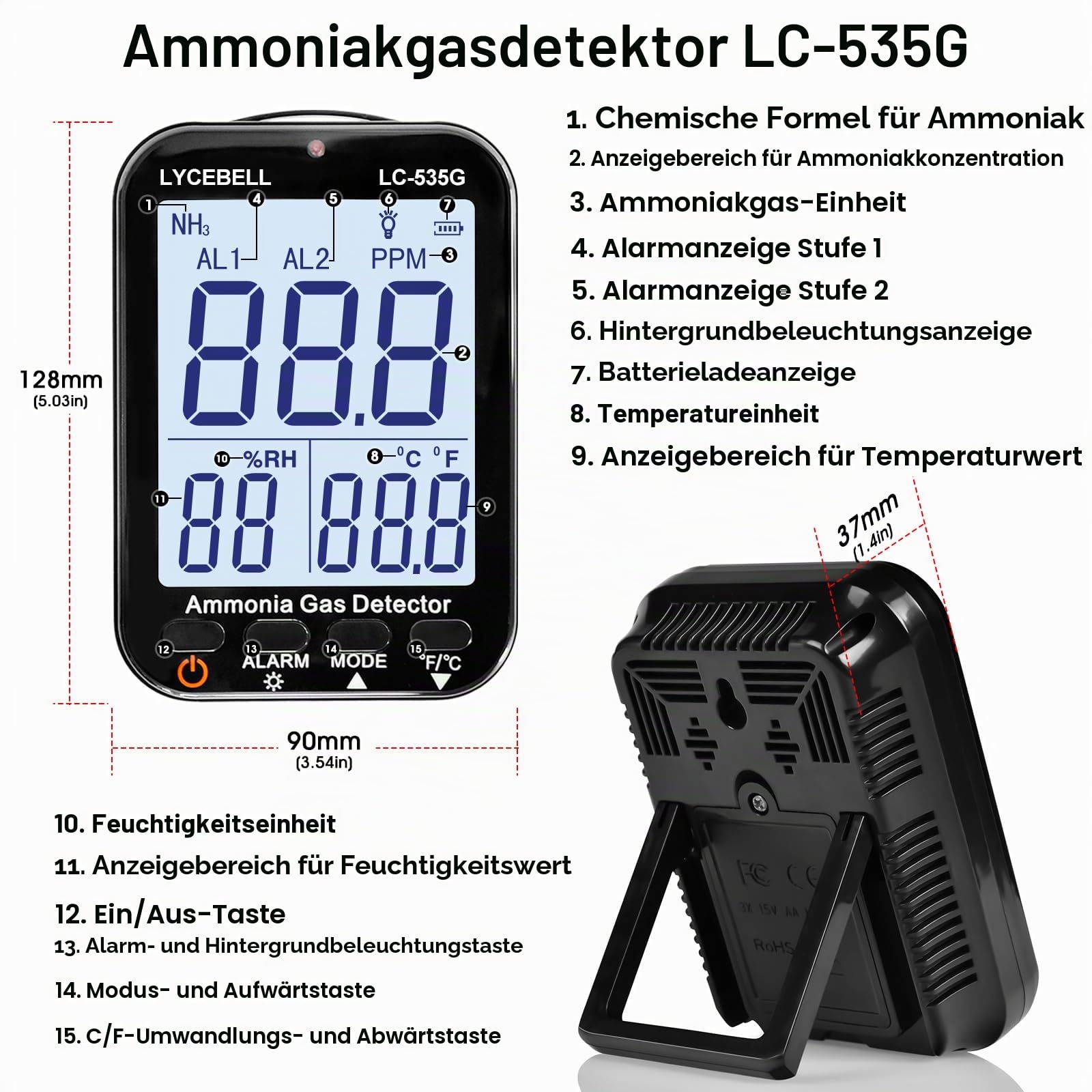 535G Ammoniak-Gasdetektor, NH3-Monitor 0-100ppm mit Doppelalarm, wiederaufladbarer tragbarer Gasleckdetektor für Bauernhöfe/Industrie/Haus, Temperatur- und Feuchtigkeitsanzeige