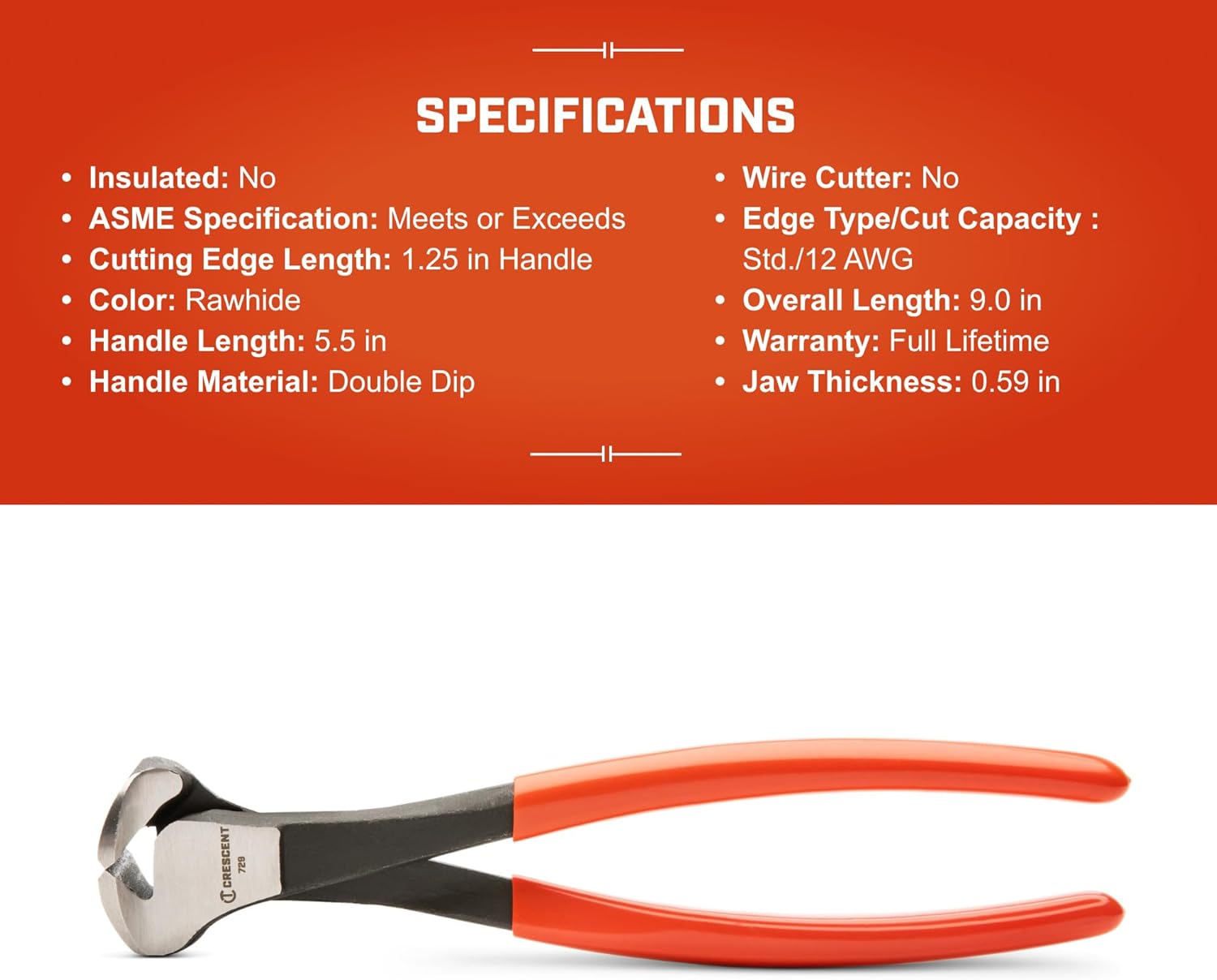 Crescent 9-1/4" End Cutting Nipper Pliers - End Cutting Nipper for General Purpose Use - Flush Rivet Size - High Leverage Ratio - Thin Throat - Ergonomic Dipped Handles - Industrial-Grade - 729CVN-05