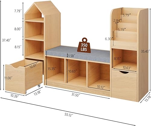 Miniatura 7 de Vabches Organizador de almacenamiento de juguetes para niños con rincón de lectura, estantería multifuncional para niños con 7 cubos de
