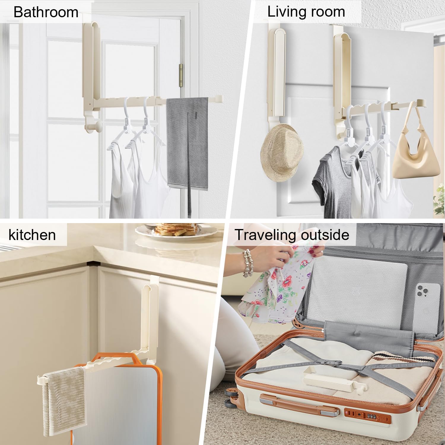 2 Pack Extended Folding Over The Door Clothes Drying Rack for Laundry,Super Heavy Duty Aluminum Alloy Over The Door Hanger with Retractable Rod Organizer Coat Towels Hanging Rack(Ivory)