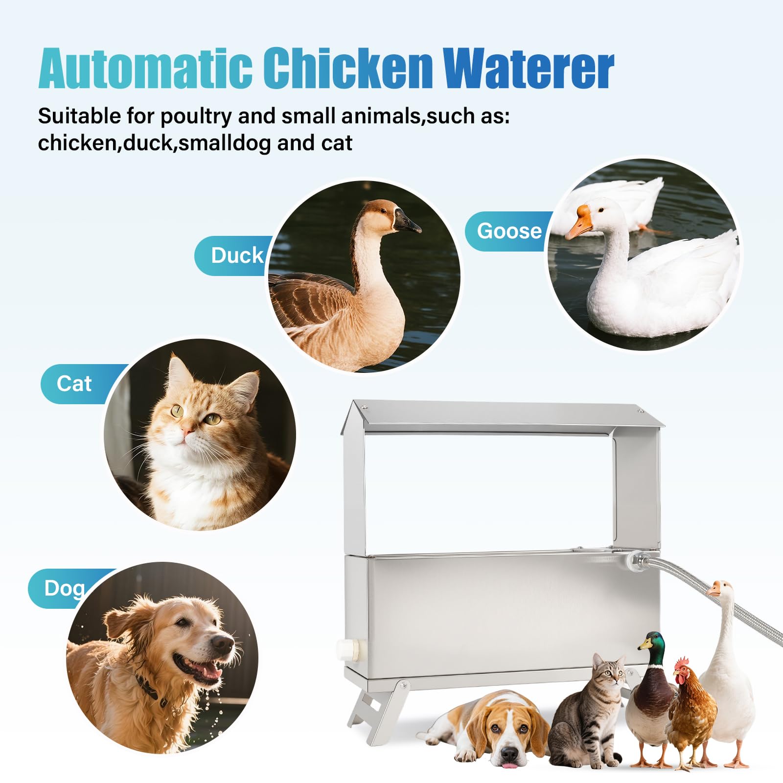 Bebedero automático para pollos de acero inoxidable 9L, dispensador automático de agua para pollos, pato, ganso, pavo, paloma, codorniz, con válvula de flotador y manguera de agua de 150 cm