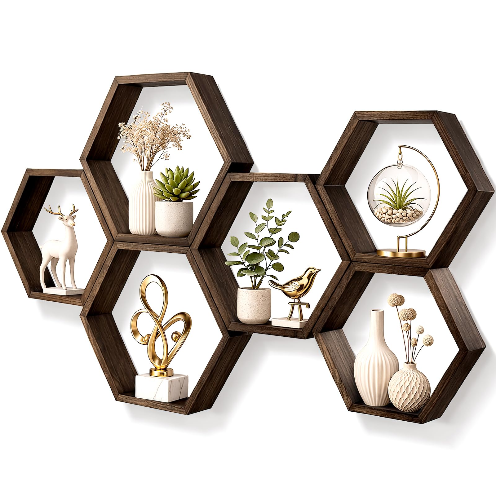Wandregale Holz 6er Set Hexagon Schwebendes Regale für Deko, Bücher, Aufbewahrung und Organisation, Rustikale Wand Regal Wanddeko Wandregal Schwebend für Wohnzimmer & Schlafzimmer Wände
