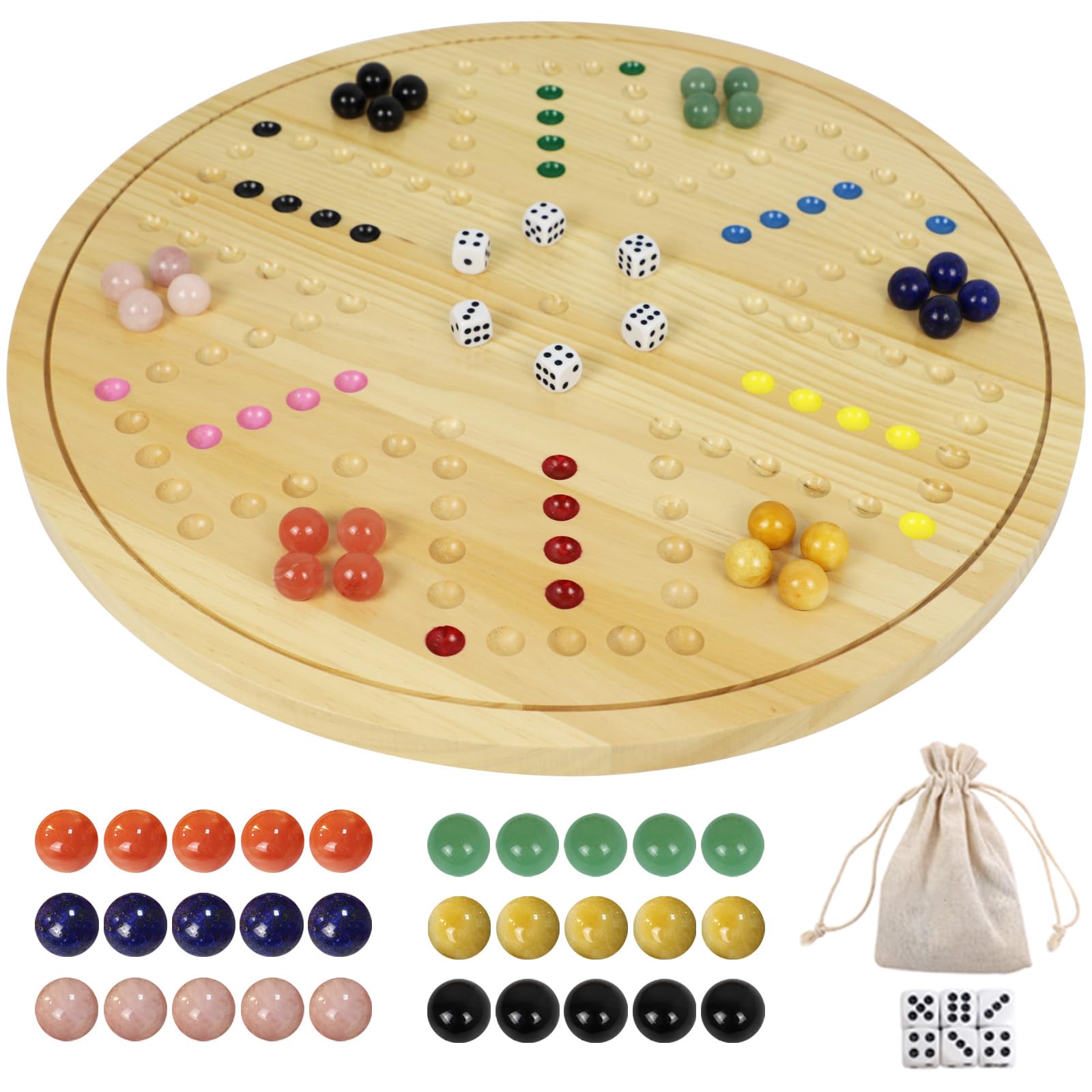 HOROW Wahoo Board Game - 20 Inch Solid Wood Board with 24 Natural Gemstone Marbles & 6 Dice，Double-Sided for 4 and 6 Players - Perfect for Family Game Nights and Parties
