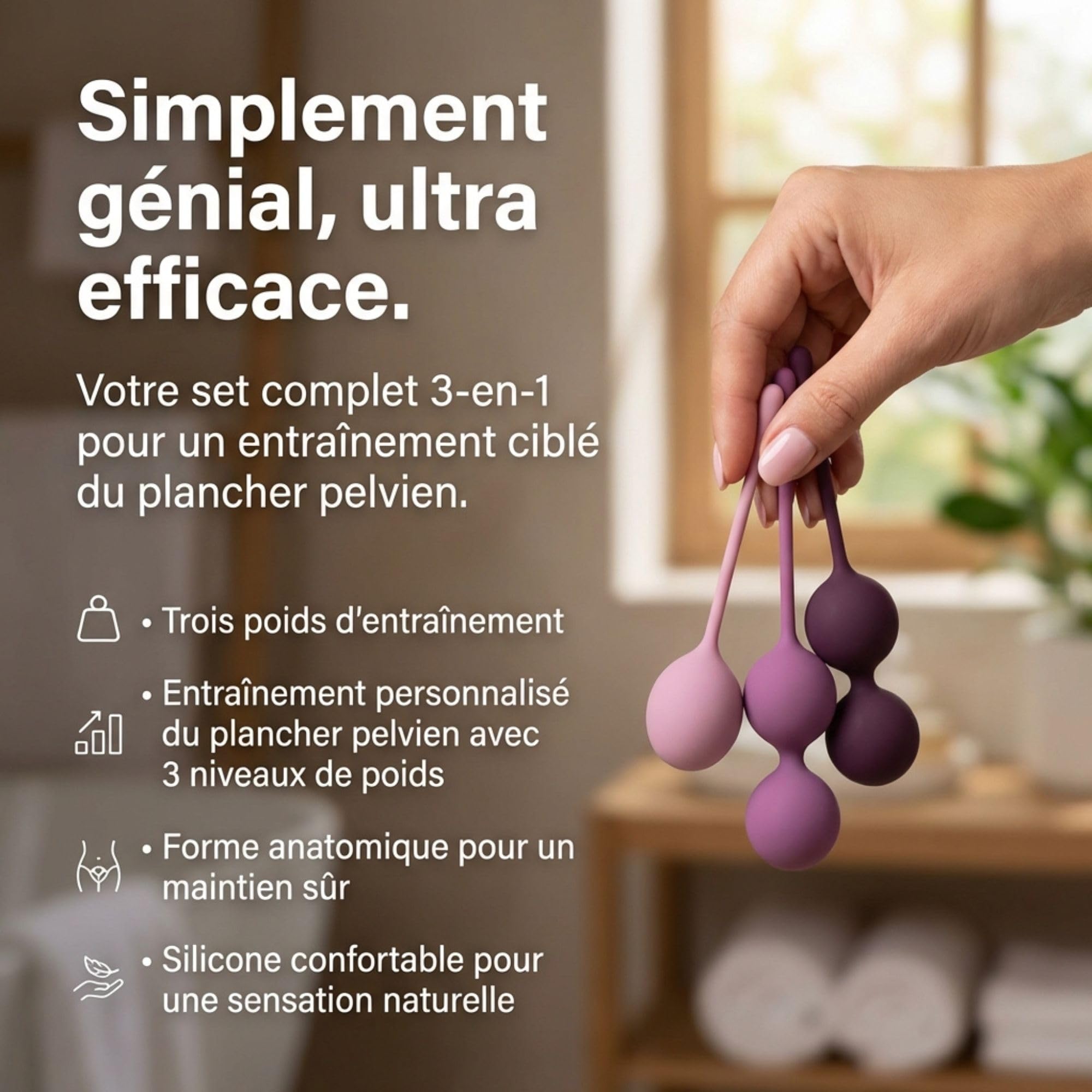 Amaysin Triple Boules de Geisha Set - Kit d'entraînement Boules de Geisha Plancher Pelvien en Silicone - Boules Geisha Reeducation Du Périnée - Boule Geisha pour Femme - Violet