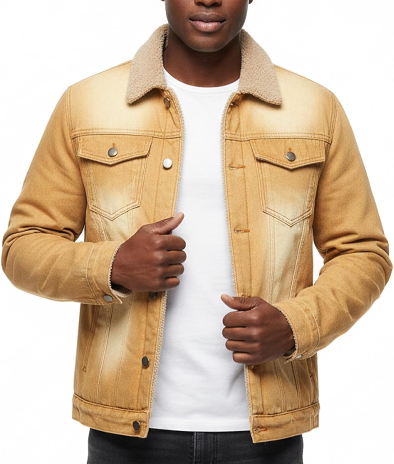 Men's Sherpa Fleece Lined Thicken Denim Jacket, Men Lapel Winter Warm Jean Jacket, Slim Fit Trucker Cowboy Denim Coat - Image 7