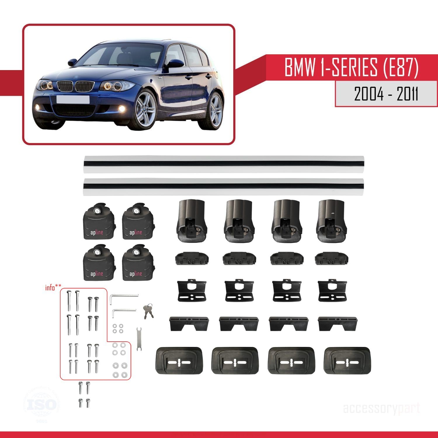 Compatibile con BMW Serie 1 (E87) 2004-2011 Modello ACE-3 Barre Tetto Portapacchi Auto Barre Portatutto Grigio Alluminio 2 Barre