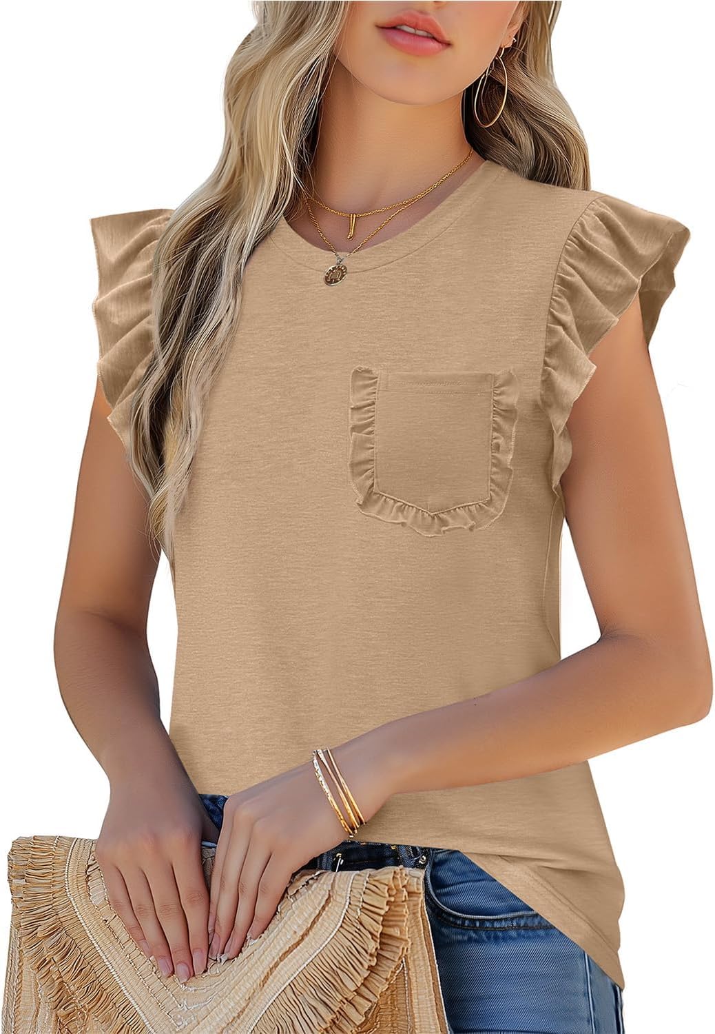 JUSTFASHIONNOW Womens Summer Tops Striped T-Shirts 2026 Ruffle Short Sleeve Crew Neck Casual Blouses with Pocket