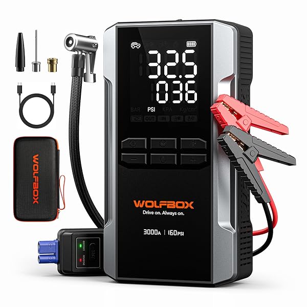 WOLFBOX 3000A Jump Starter with Air Compressor, 16000mAh&160PSI Portable Car Battery Jump Starter with 65W Fast Charge, 12V Battery Pack (8L Gas 6L Diesel Engine) with Boost, Light and Jumper Cables