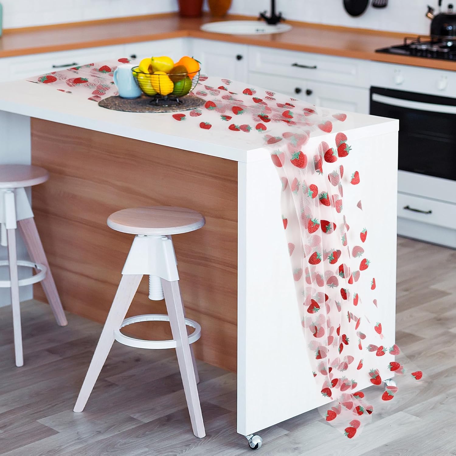 4 Pcs Strawberry Table Runner, Pink Glitter Strawberry Theme Birthday Decorations, Nylon Tulle Tablecloth for Berry First Birthday Party, Spring Summer Tea Party Decor, 9.8 x 7.9 Inch