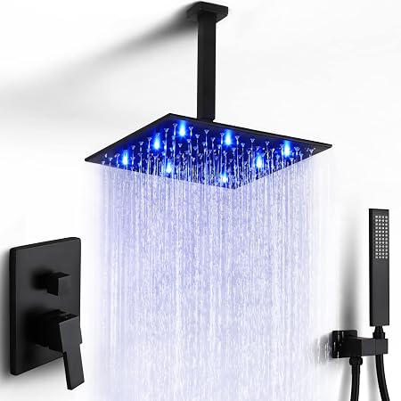 SR SUN RISE Black Complete Shower Faucet Set – 12" Ceiling Rainfall Head Combo With Mixer Valve