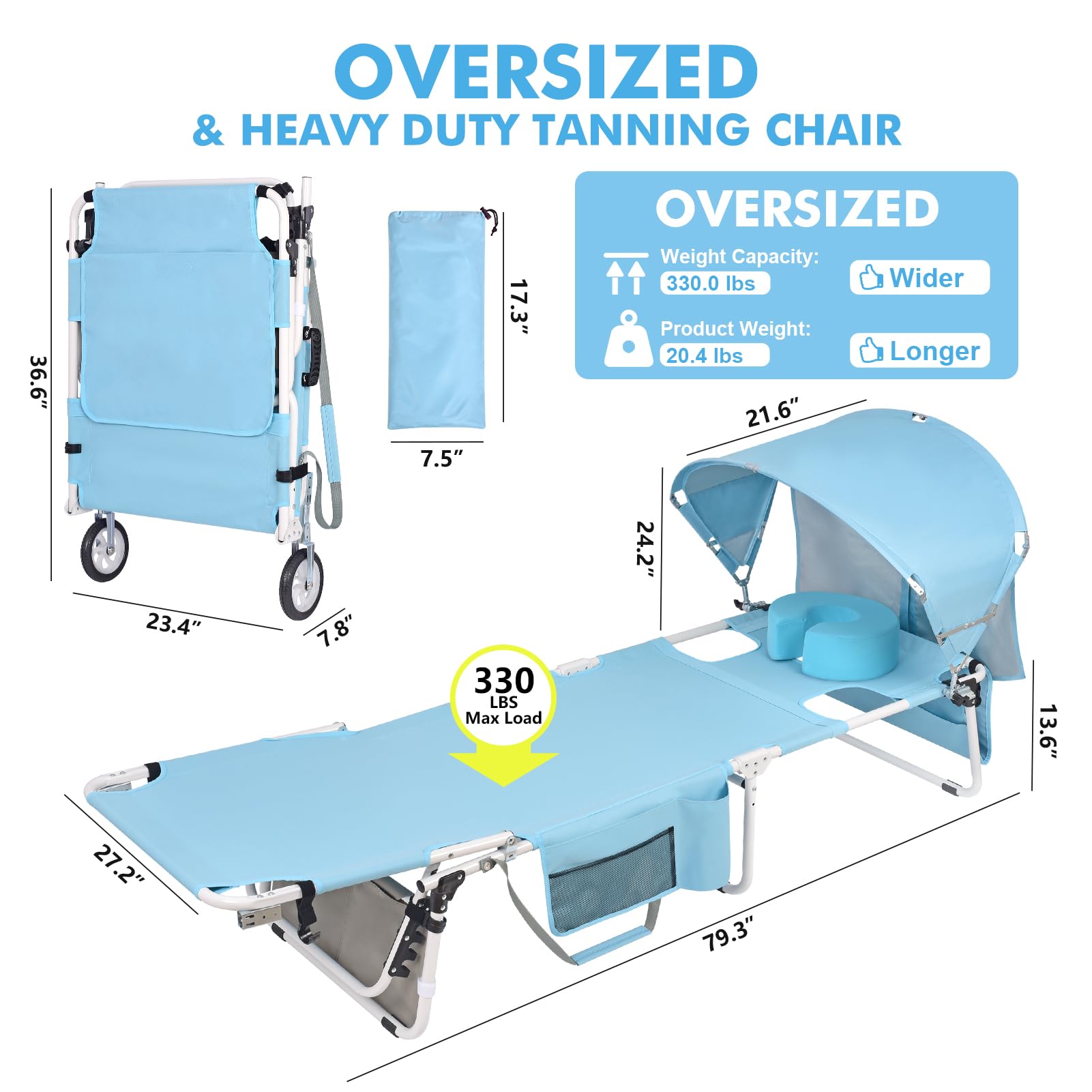 Wheel-To-Go - Sedia abbronzante oversize con foro per il viso e ruote, portatile, resistente, pieghevole, per prendere il sole, leggere, rilassarsi, spiaggia, piscina, prato, XL, 150 kg (design