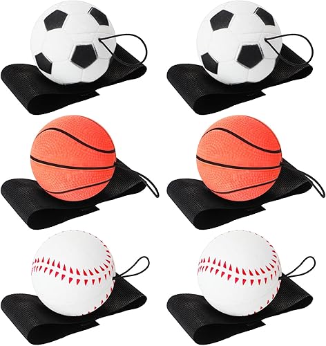 Skylety 6 Pieces Wrist Return Ball Sports Wrist Ball Includes Basketball, Baseball and Football On A String Rubber Rebound Ball Wristband Toy for