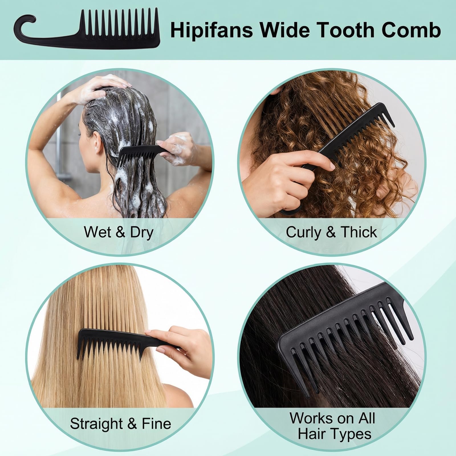 Hipifans Peine grande de dientes anchos para cabello rizado, 6 piezas/juego de desenredar para cabello húmedo, rizado y grueso, herramienta profesional de peinado para cabello largo