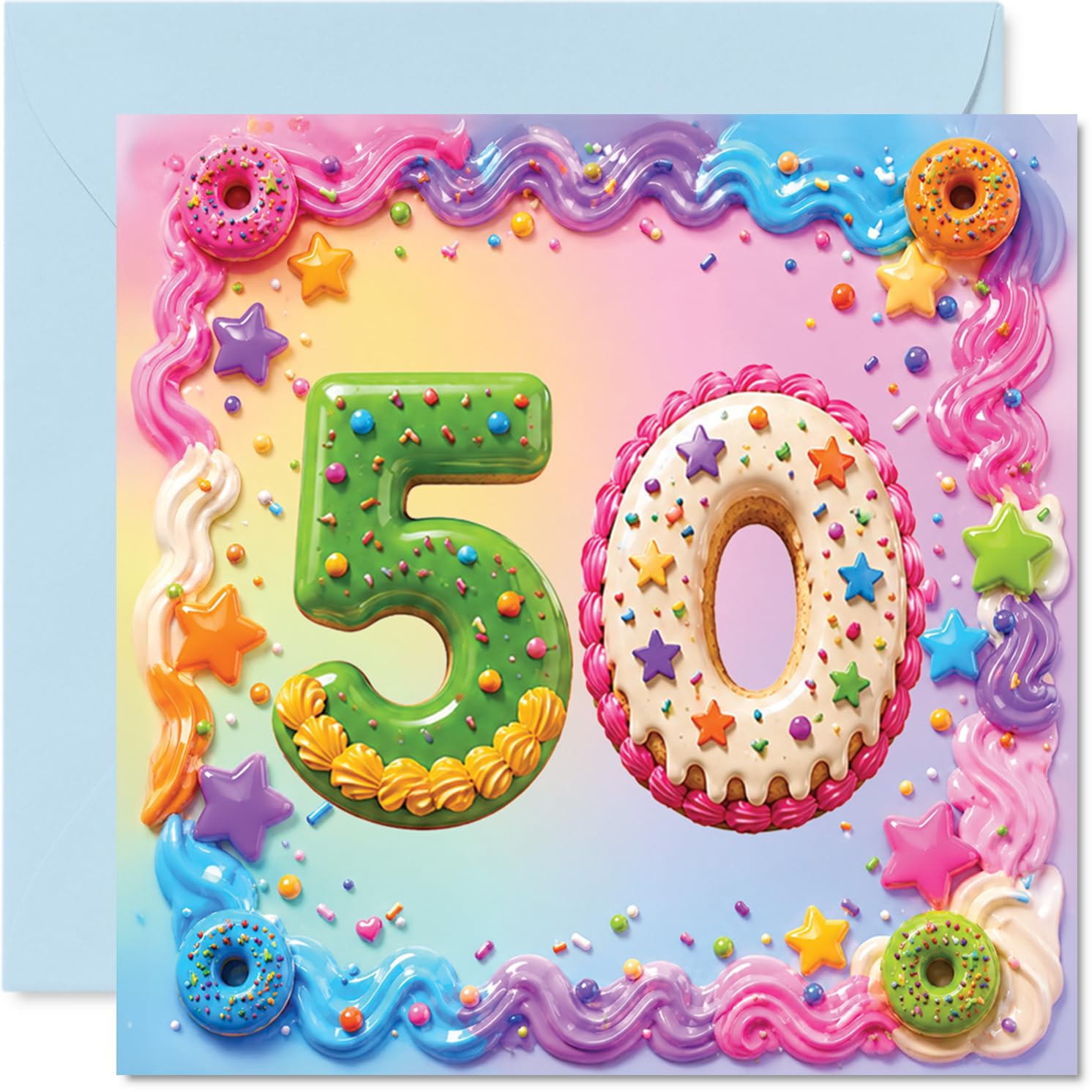 Playful 50th Birthday Card - Sprinkle-topped Celebration - Colourful Cake and Donut Numbers with Stars and Rainbow Sweets - 145mm Square, Envelope Included