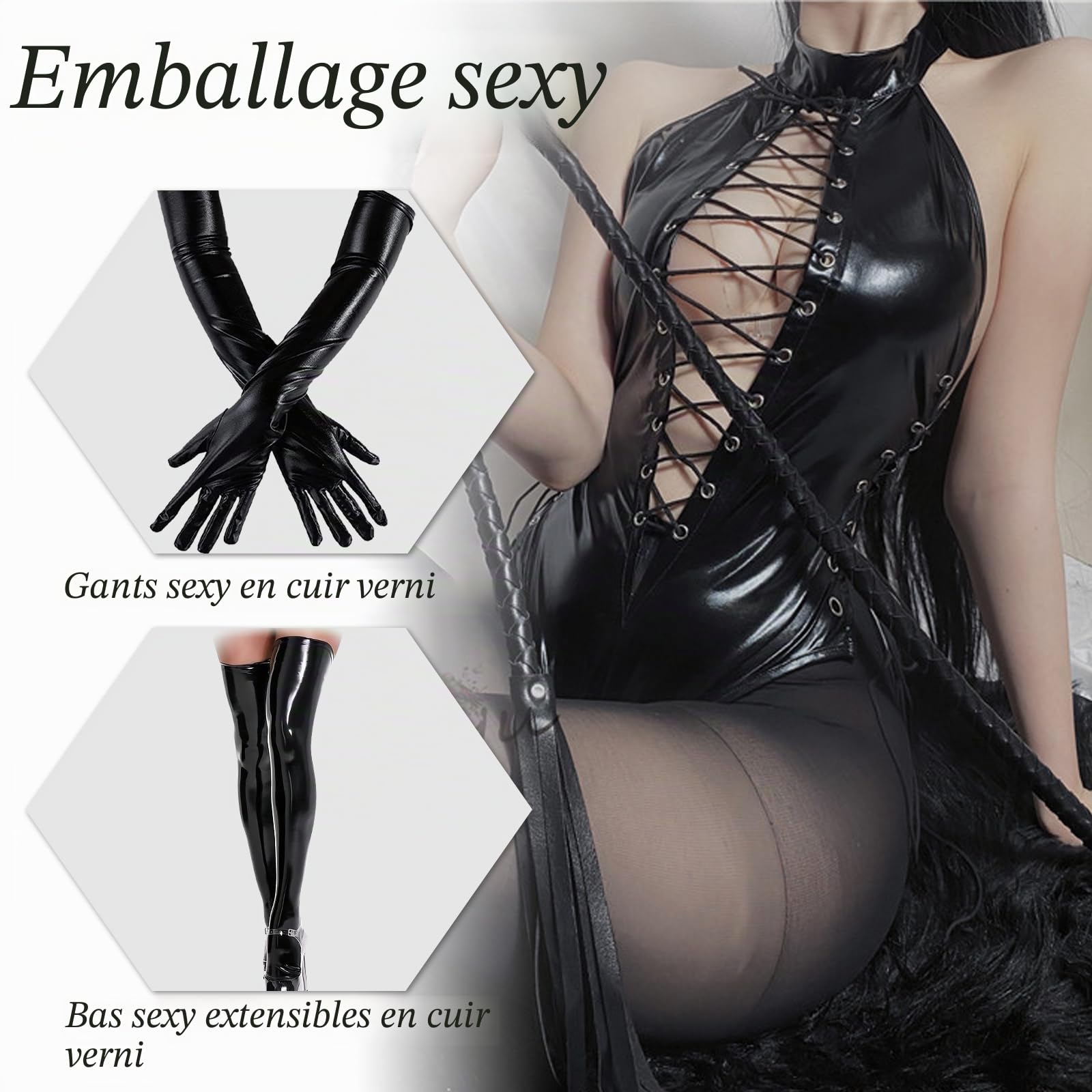 BDSMJOY Lingerie en latex pour femme - Effet mouillé - Ensemble sexy - Avec snocks en latex - Sous-vêtements et gants - Catsuit en latex - Costume sexy pour adulte - Robe de clubwear