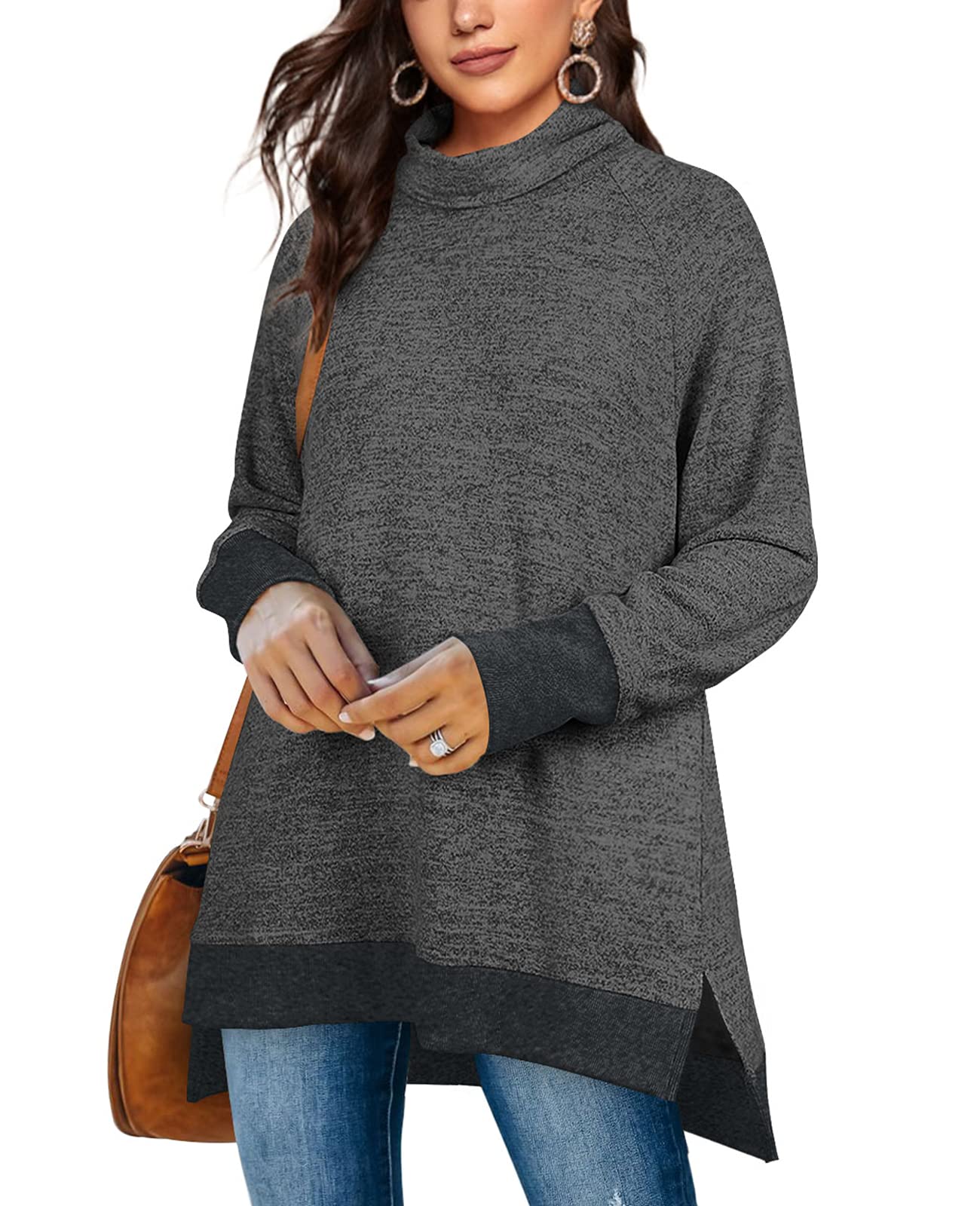 OFEEFANWomen's Turtle Neck Sweatshirts High Low Hem Side Slit