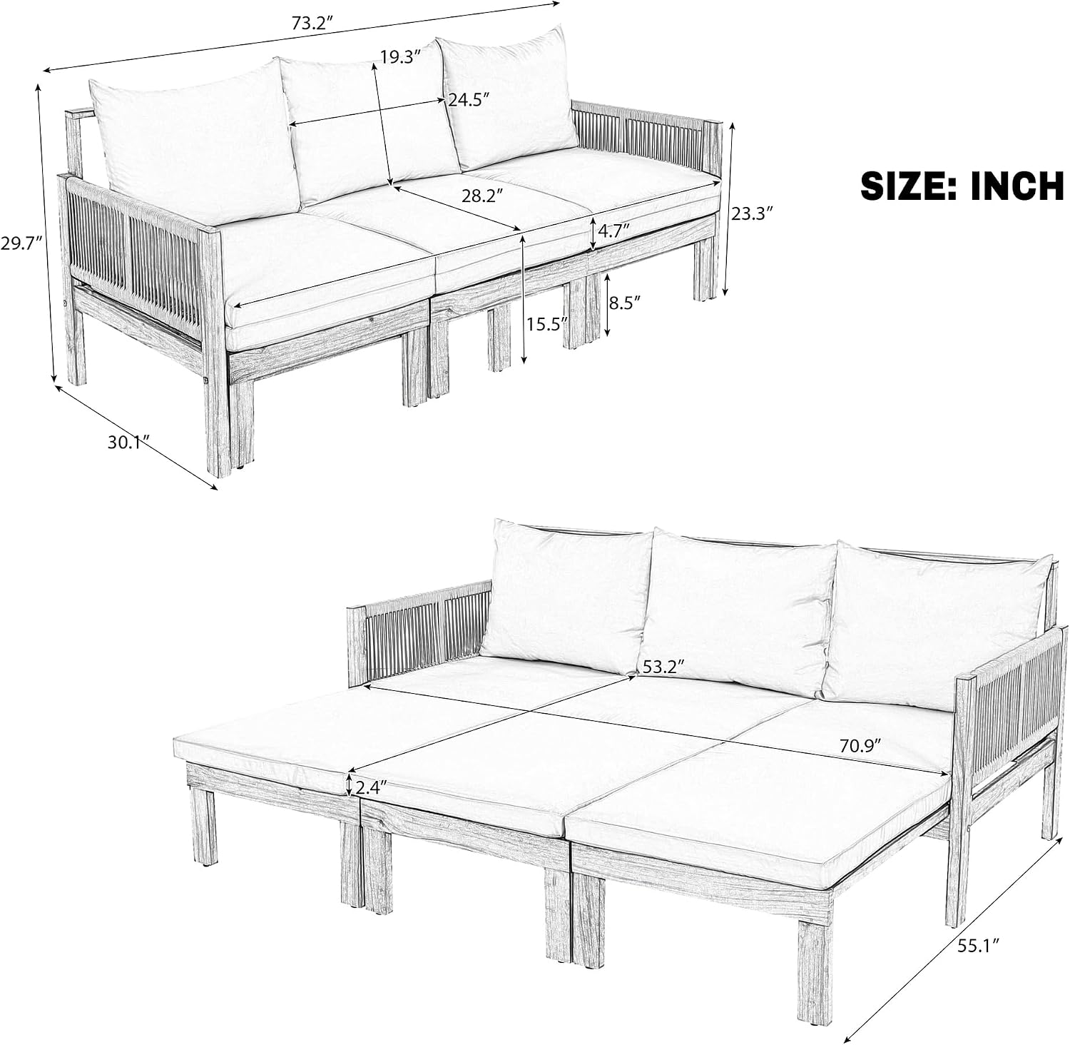 P PURLOVE Outdoor Daybed 3 Seat Patio Sleeper Sofa Outdoor Couch for Patio, Backyard and Pool (Grey)