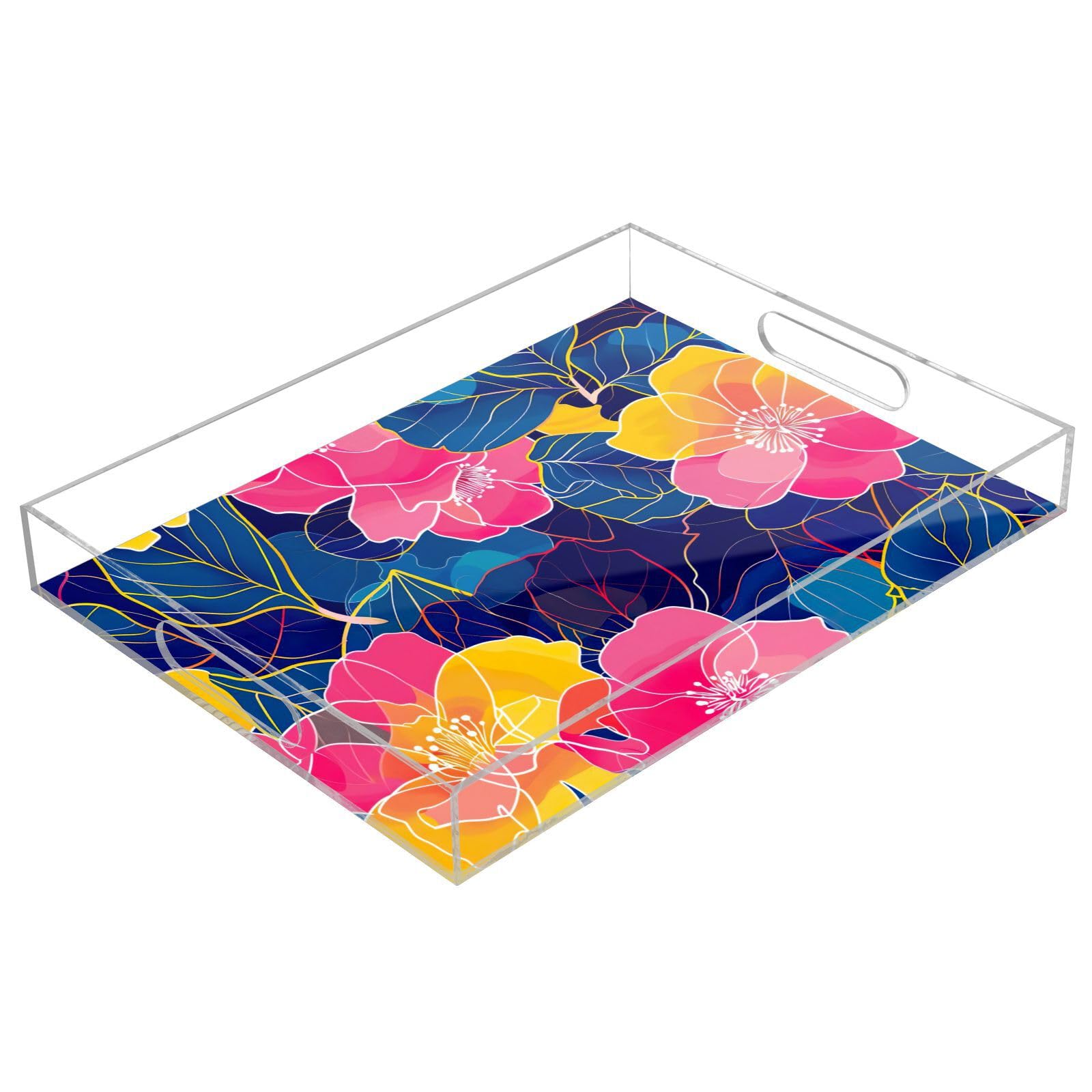 BOESI Graffiti Colourful Flower Pattern Acrylic Decorative Dining Tray, Acrylic Decorative Tray Organizer with Handle for Kitchen, Dining Room, Bathroom, Dresser