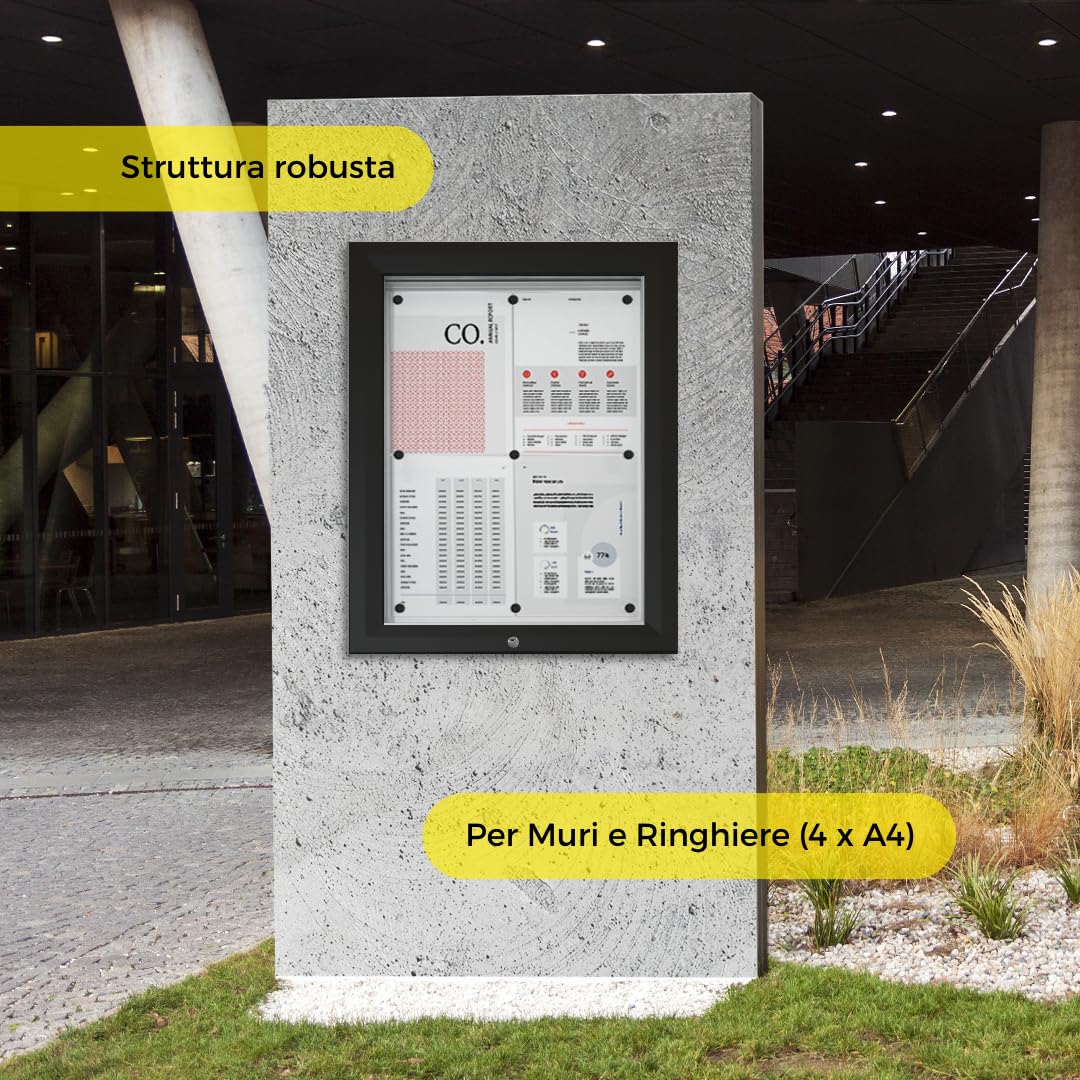 Danieli | Bacheca Certificata per Esterno 50x70 IP56, Vetro di Sicurezza, Ermetica e Antincendio |In Alluminio Colore Antracite, Magnetica con 2 Chiavi | Per Muri e Ringhiere (4xA4)