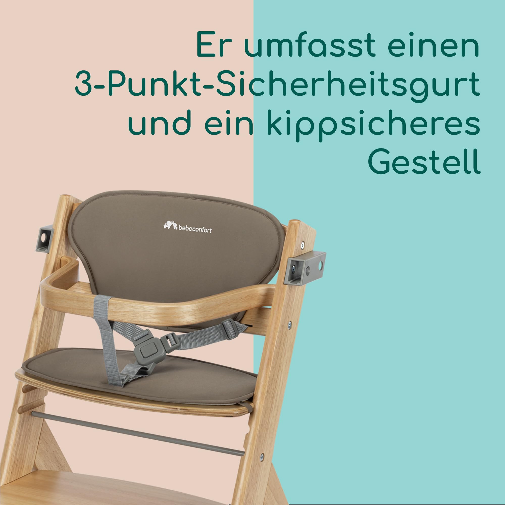 Bebeconfort Timba 2 mit Kissen, Mitwachsender Hochstuhl Baby, Ab 6 Monaten, Bis 110 kg, Ergonomischer Baby & Kinderhochstuhl Holz, Fast alle Esstische, Abnehmbares Tablett, Natural Wood + Beige