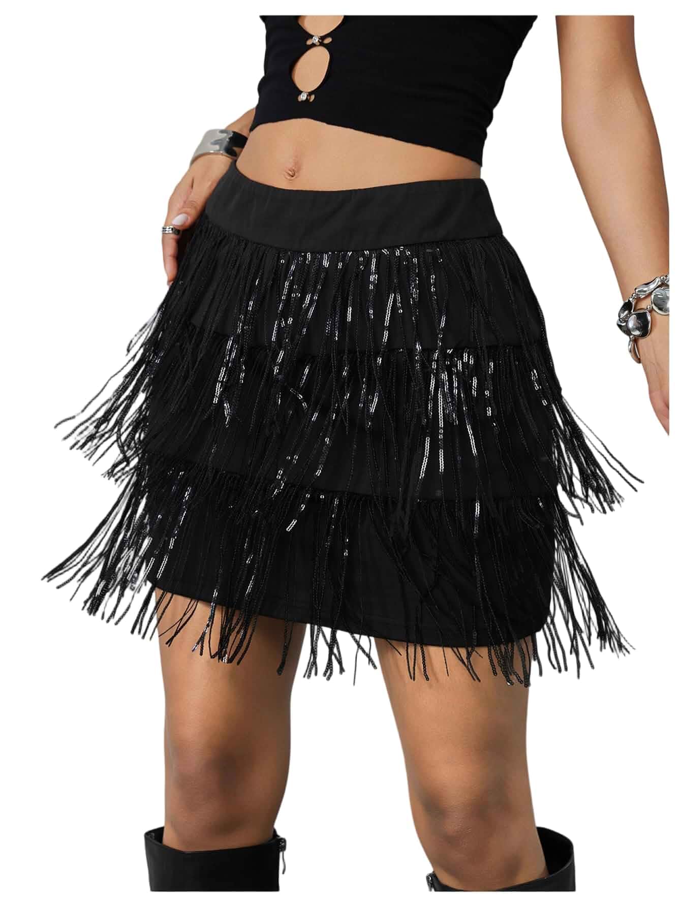 MakeMeChic Women's Y2k Sequin Skirt Fringe Sparkle Party Mini Skorts Ruffle, Tassel, Cowgirl, Concert Outfits, Rave, Dance Short, 70s Disco Outfit, Fall Clothes