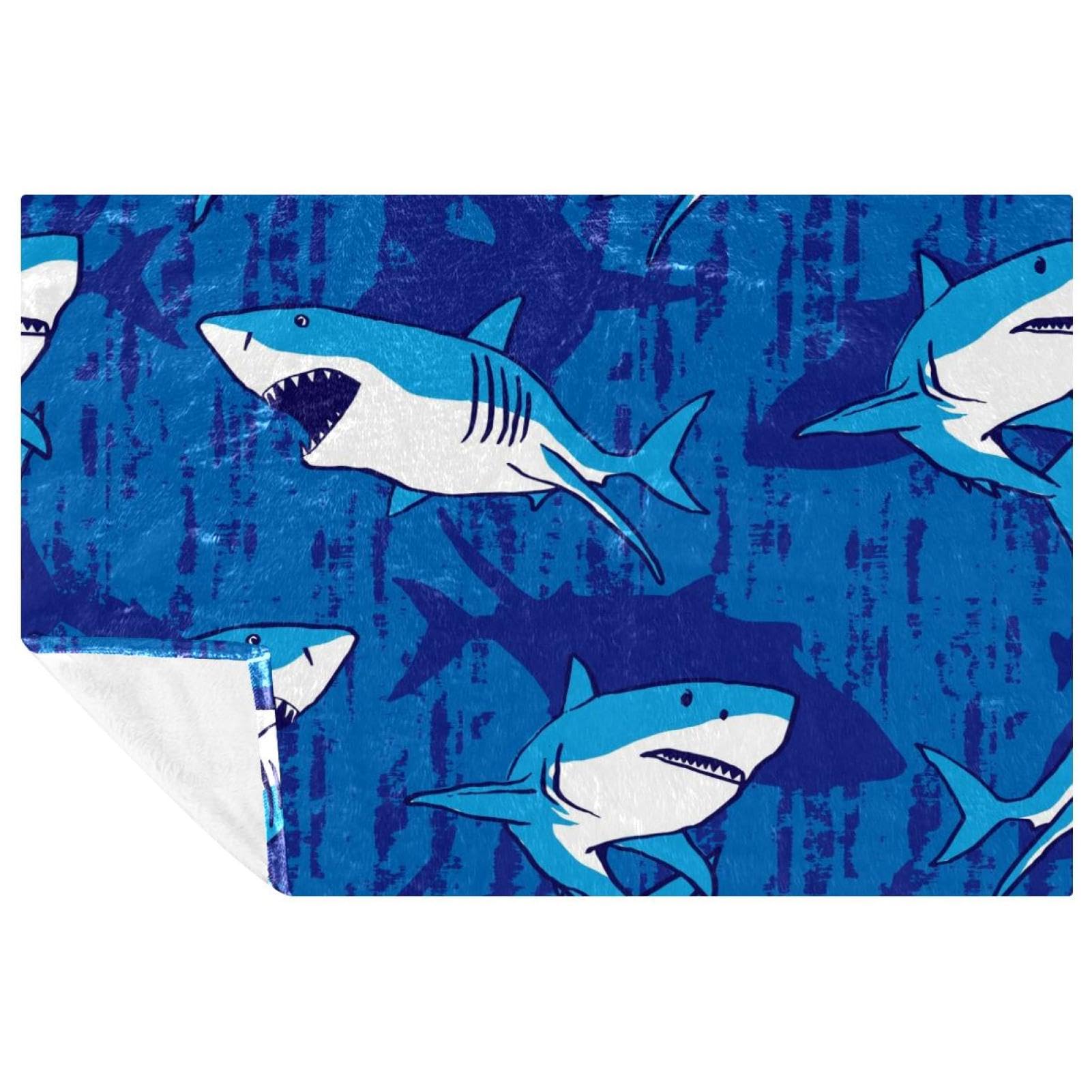Plaid requin bleu imprimé grunge 150x100 cm doux pour lit et canapé