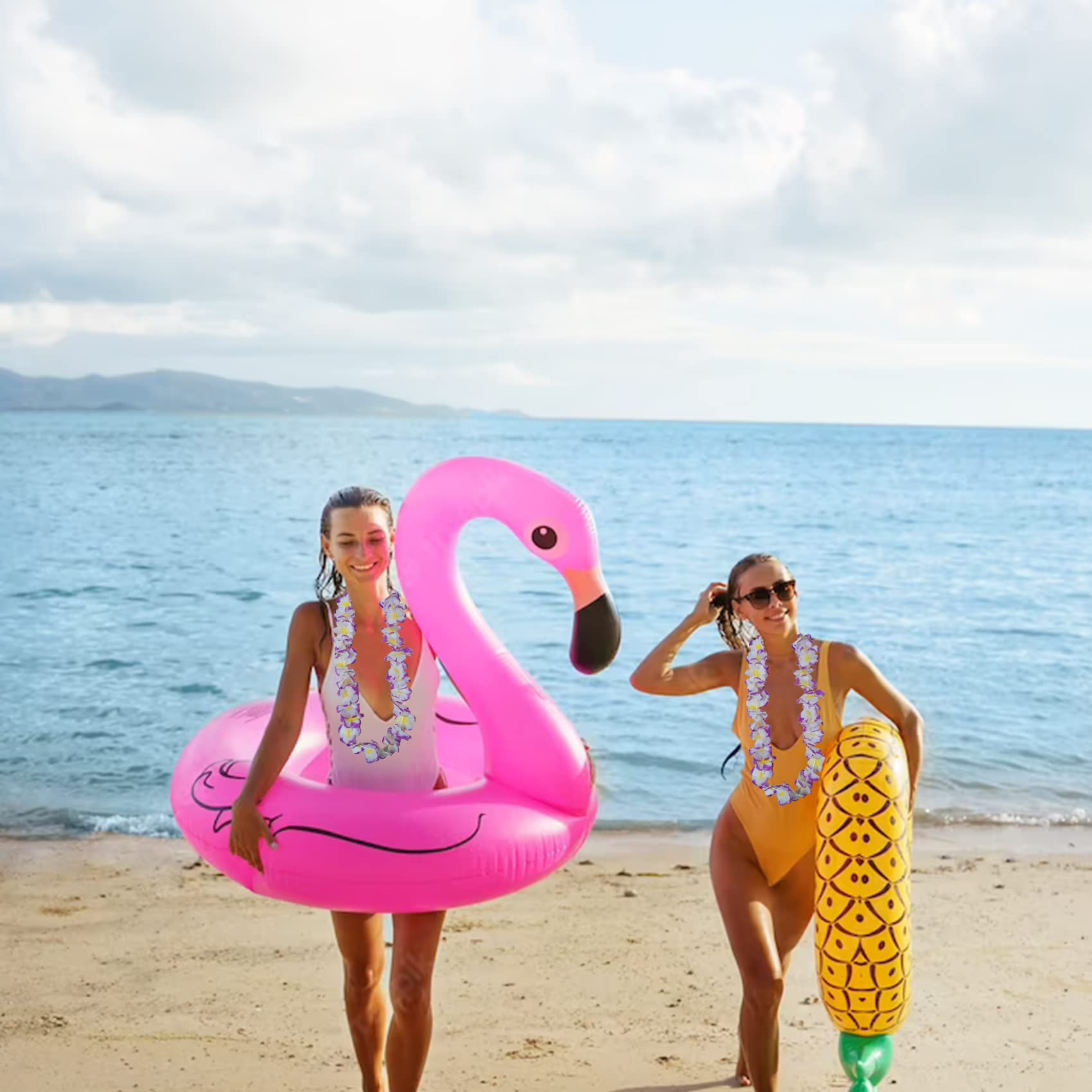 Forellfit Leis for Luau Party, 24-Pack Hawaiian Necklaces for Tropical Bulk Flower Single Color Lei Set, Birthday Beach Party Favors (24-Purple)