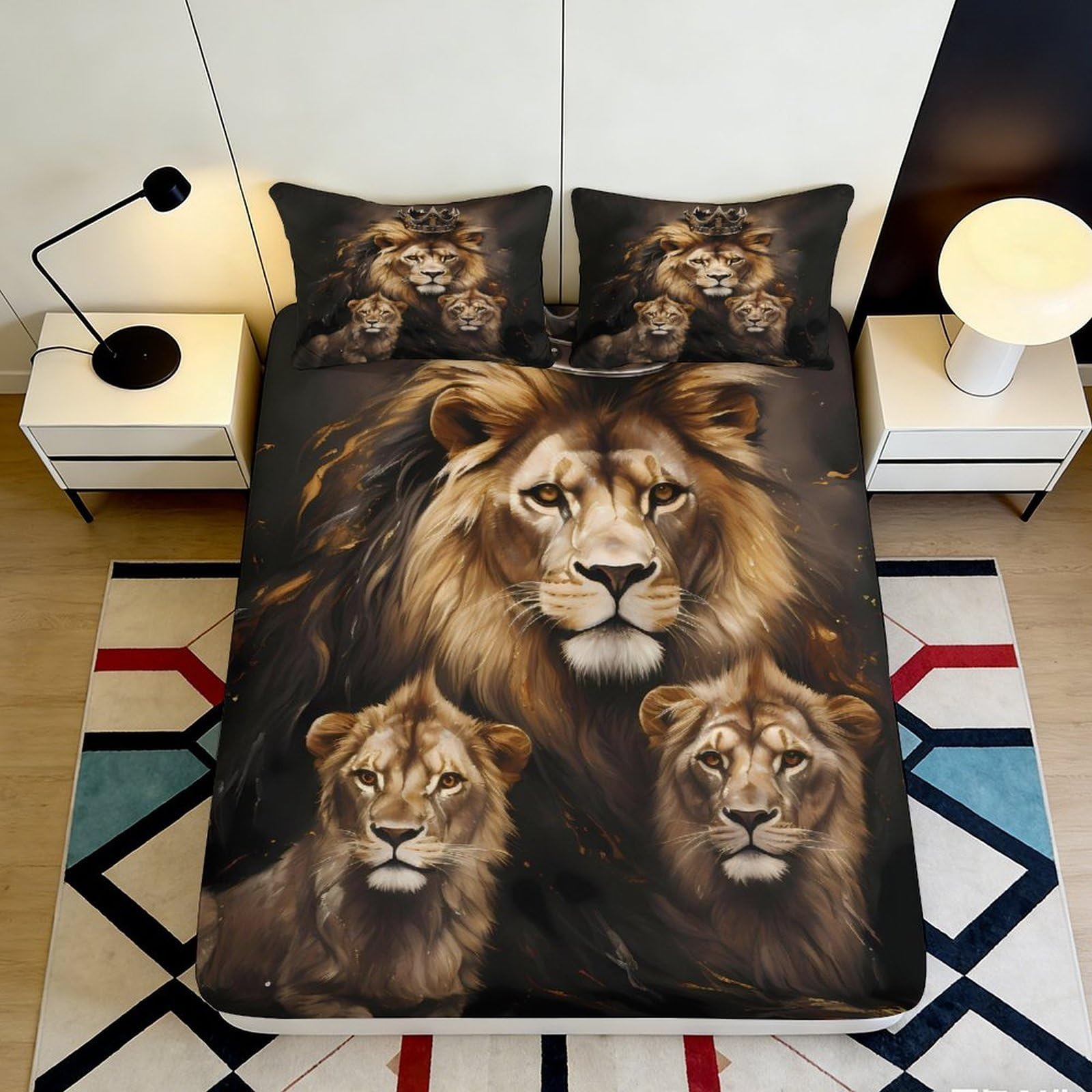 3D Printed Lion Family Fitted Sheet Microfiber Anti-Slip Mattress Cover for Adult Youth Bedroom Dorm Decor 90x200x25cm