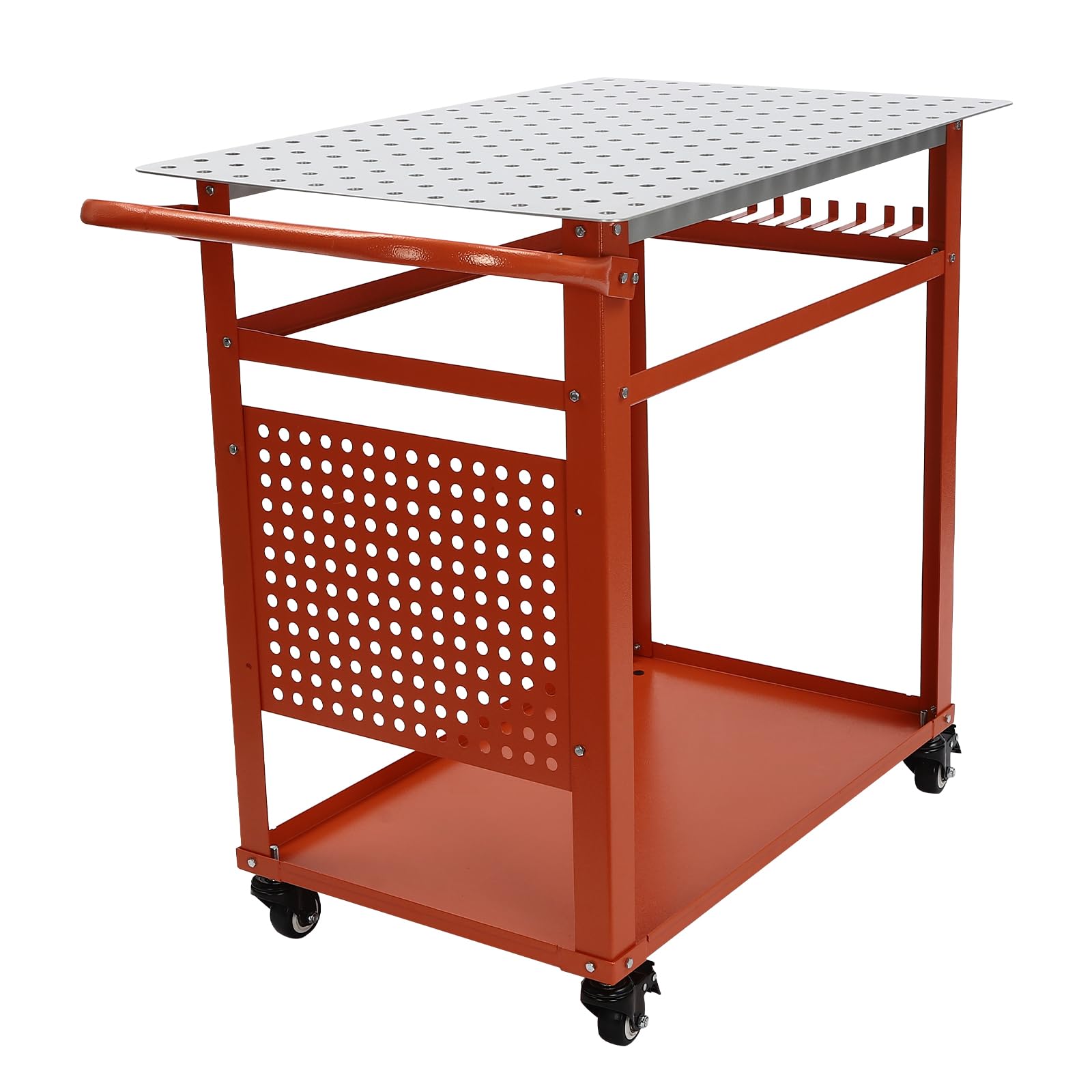 Mesa de soldadura, 272 kg/600 libras, banco de trabajo de acero con ruedas, banco de trabajo portátil con doble estante y estante de 9 ganchos, 91,44 x 61 x 91,44 cm, color rojo