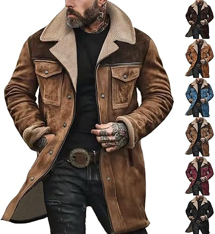 Western Jackets for Men Vintage Cowboy Suede Jacket Plush Collar Coats Faux Leather Zip Up Casual Retro Winter Tops