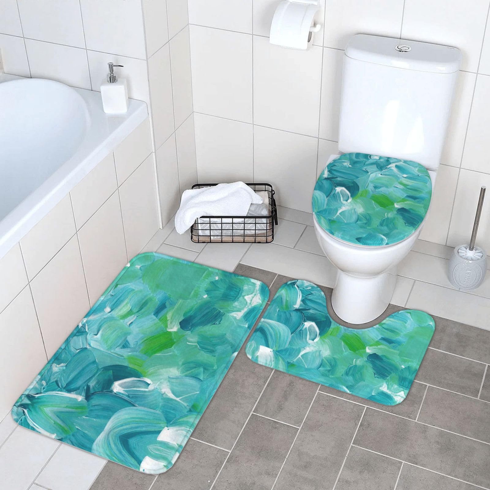 Alfombra de baño azul óleo franela juego antideslizante 3 piezas