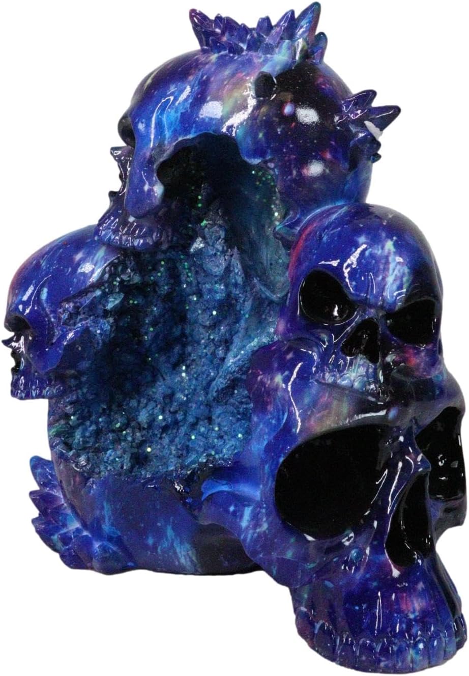 Ebros Gift Space Blue Gothic Three Ghastly Skulls Death Mountain Cave Backflow Incense Burner with LED Faux Geode Figurine Trio Skulls Cliff Rock Mountains Decorative Accent Statue