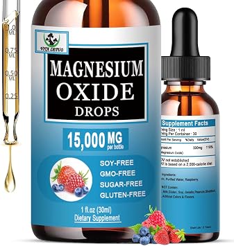 Magnesium Oxide 500mg, Liquid Magnesium Supplement for Sleep, Nerve, Heart Health, Muscle & Stress Relief, High Absorption Magnesium Oxide Liquid Drops for Adults & Kids, Gluten Free, Non GMO, Vegan