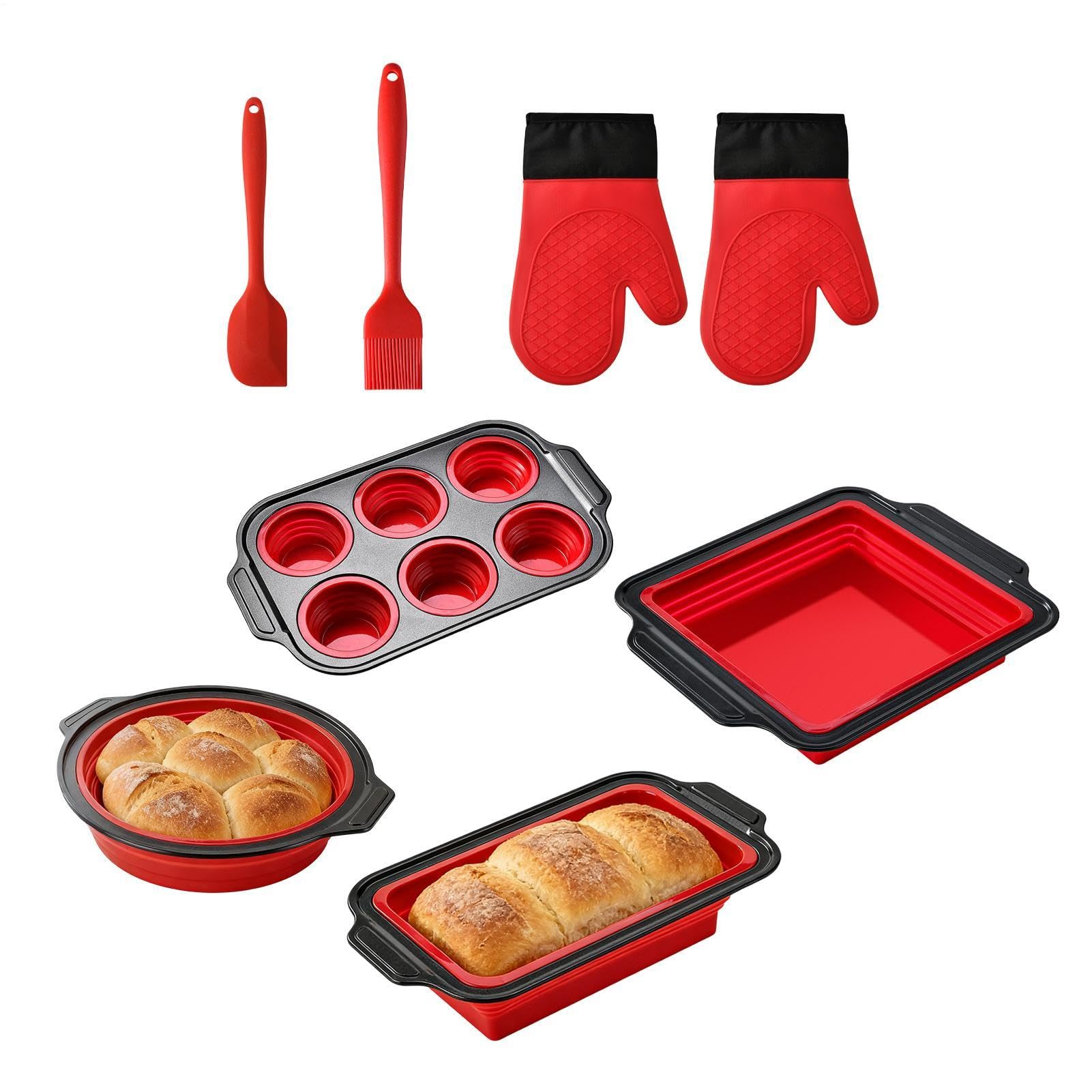 Juegos en silicona para hornear Apilable y Flexible | con Guante, Rasqueta y Cepillo Set Antiadherente para Hornear Resistente al Lavavajillas, para Magdalenas, Pan, Galletas,