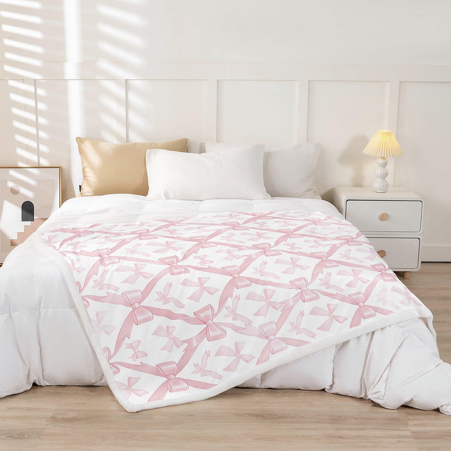 Pink Bowknots Fleece Blanket,Kawaii Bow-tie Patchwork Dreamy Bed Blanket for Kids Teens,Princess Fairy Tale Theme Girlish Grids Flannel Blanket for Room Decor,Queen 90