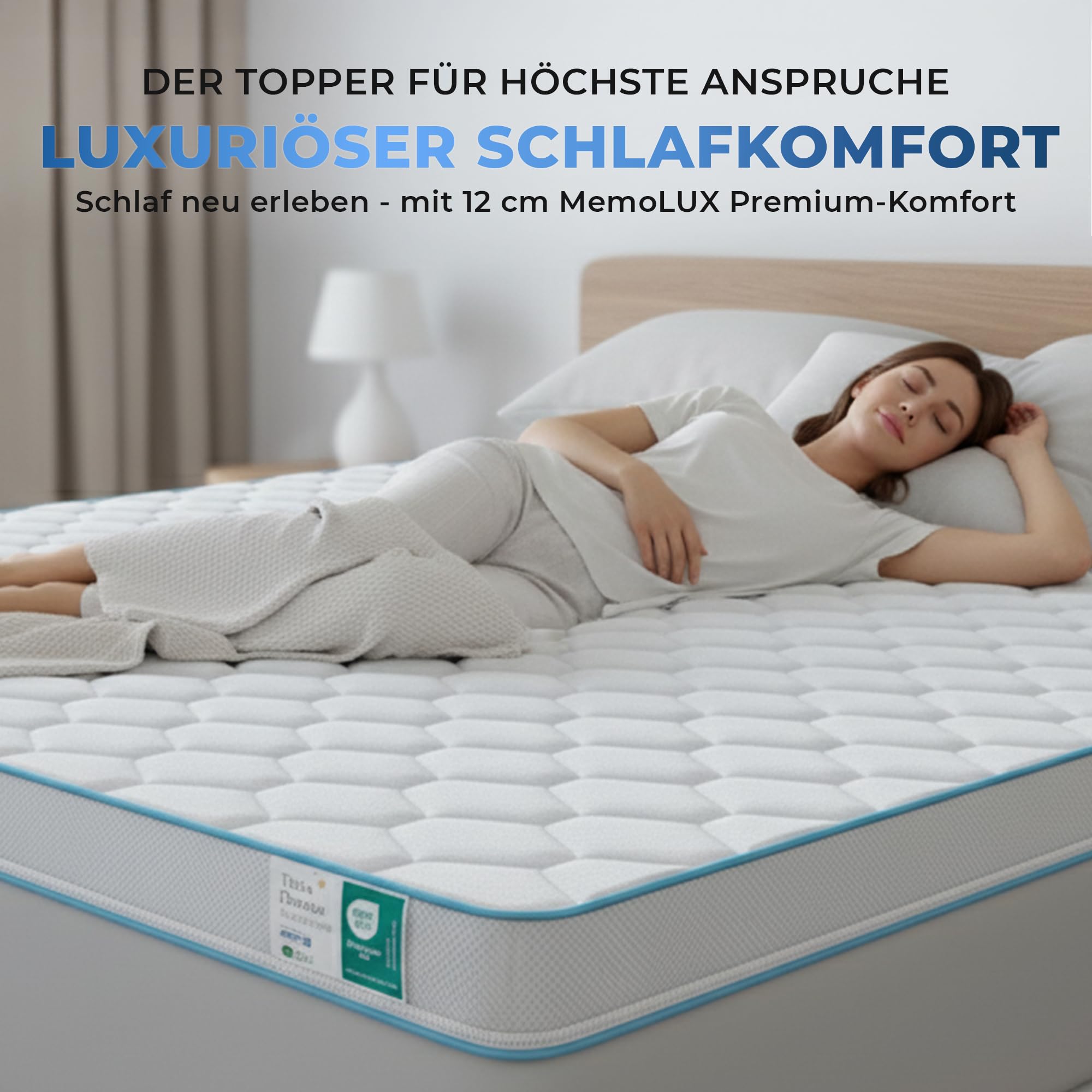 Tesla Dreams MemoLUX Premium Topper 100x200 cm – 12 cm Visco-Memory Foam + Comfort Foam – Pressure Relief & Ergonomic – Breathable – OEKO-TEX Certified – Removable & Washable Cover