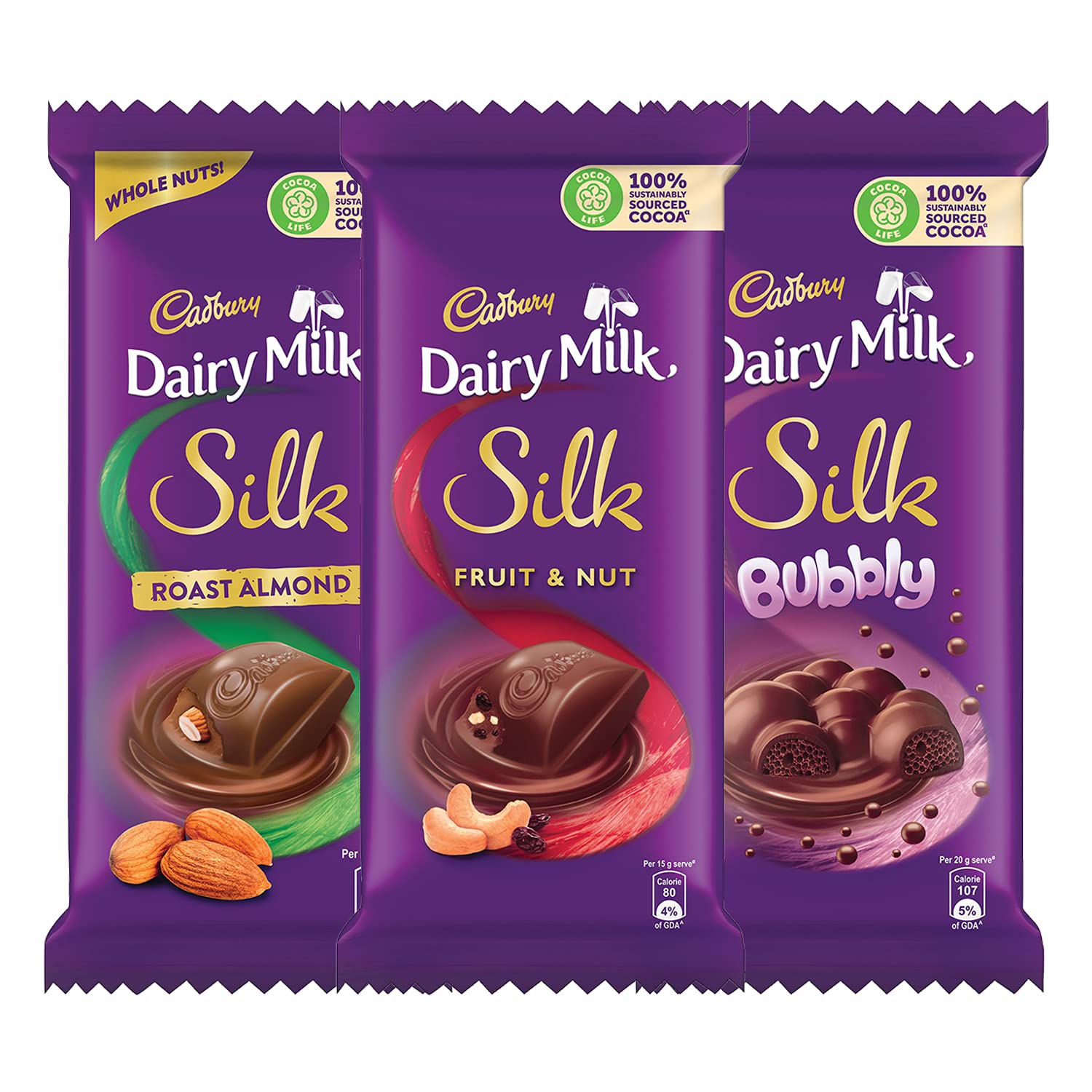 Cadbury Dairy Milk Silk Large Chocolates Combo (1 x Silk Bubbly 120g, 1 x Silk Roast Almond 143g and 1 x Silk Fruit and Nut 137g)