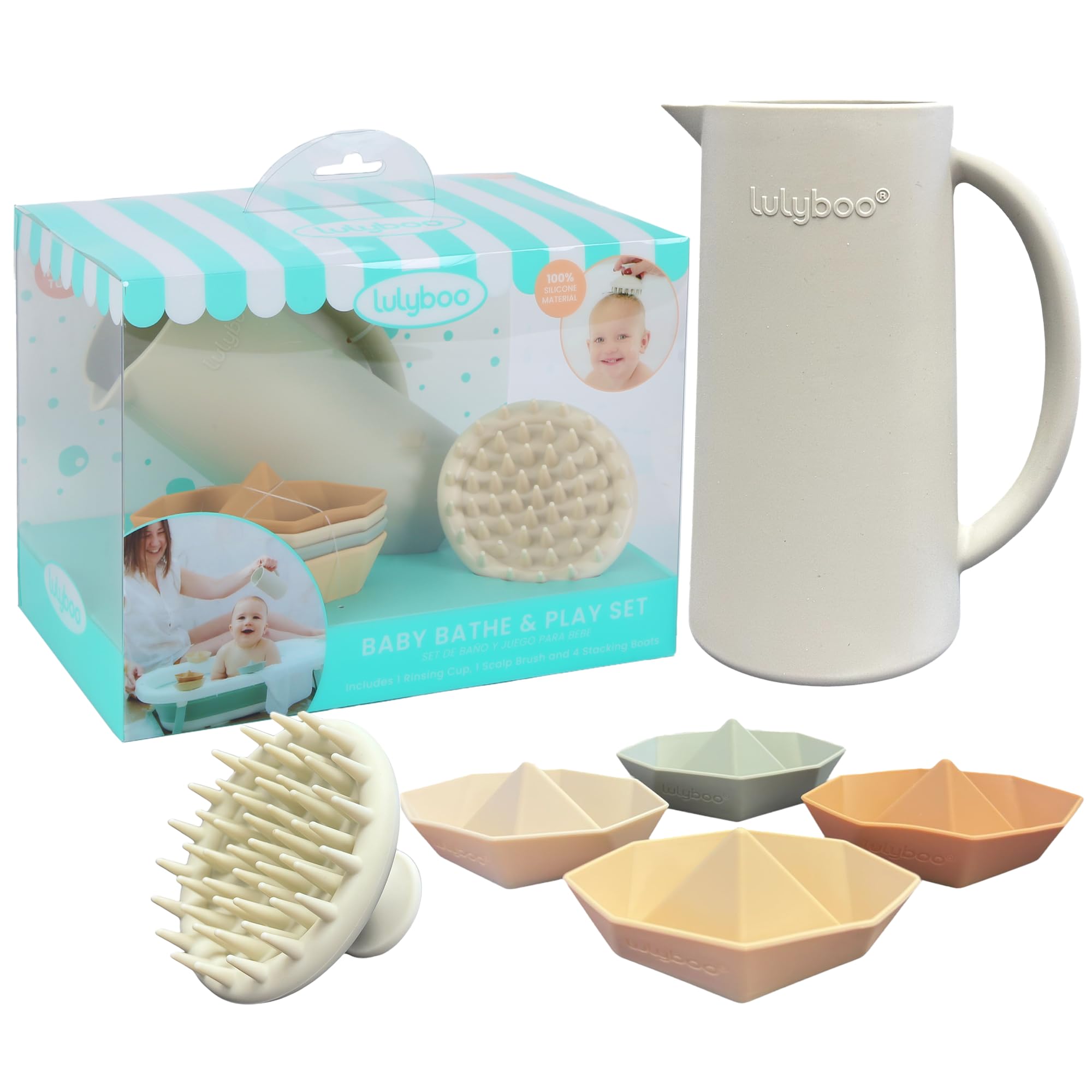 Lulyboo Baby Bath Set with Rinsing Cup Scalp Brush Floating Boat Toys - Gentle Non-Toxic Infant Bathtime Kit