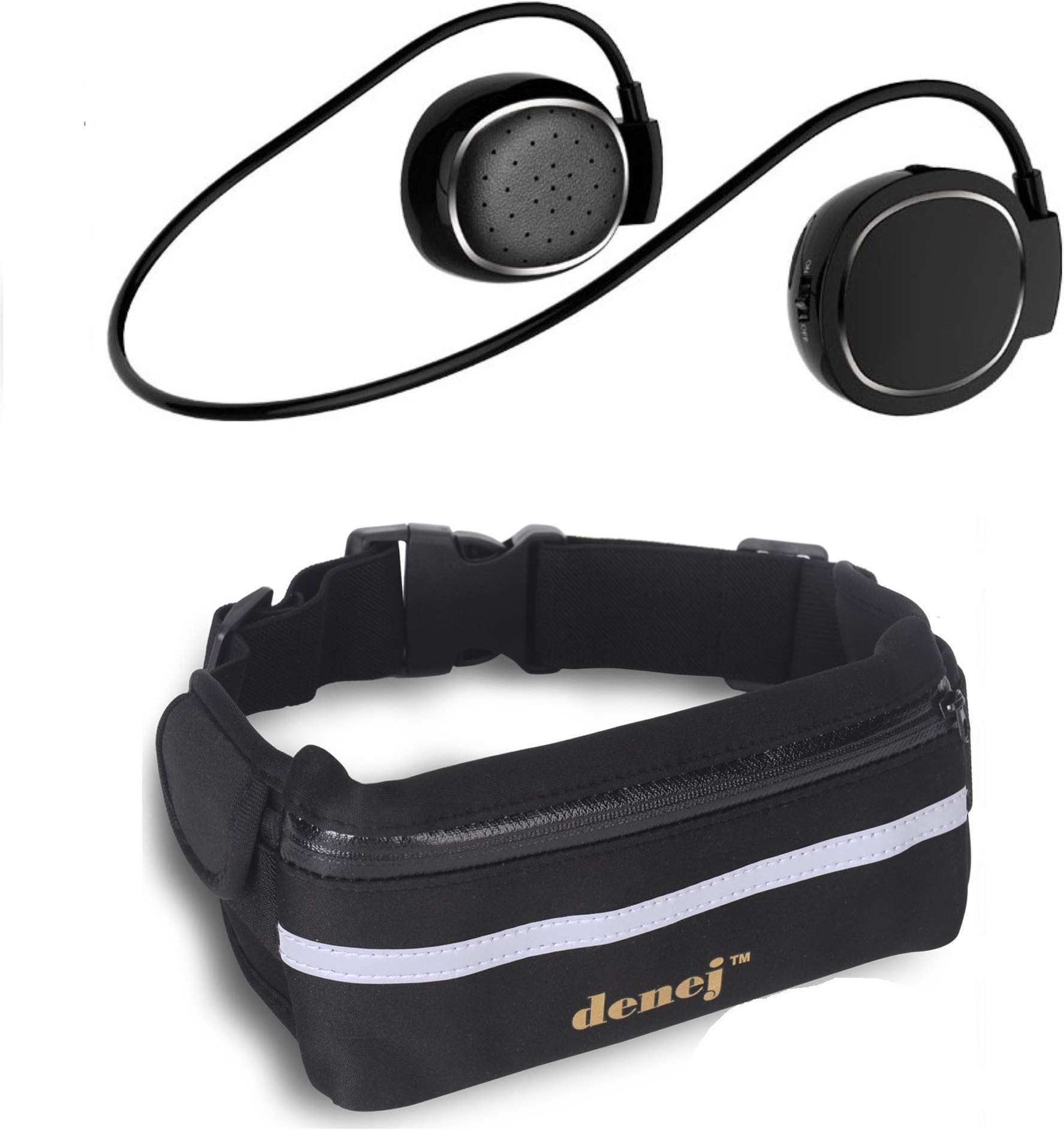 Denej Fanny Pack Phone Holder with Mini On Ear Bluetooth Headphones- Swipe Pad Behind the Head Wireless Headset and Waist Pack - Neck Bluetooth Headphone Set with Pouch Gift Pack Gold