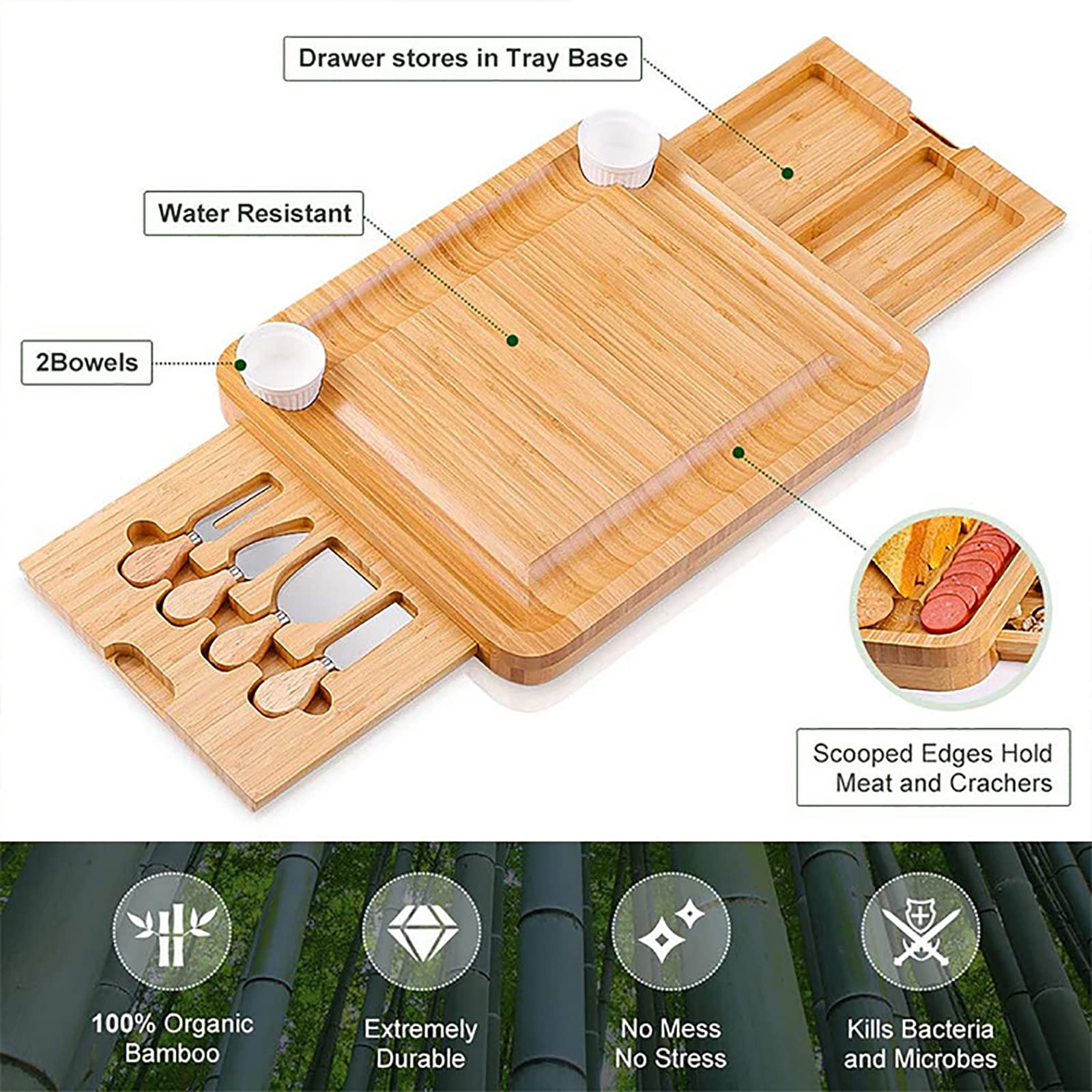 Plateau À Fromage Double En Bambou Unique, Coffret Cadeau Plateau À Fromage Avec 2 Compartiments Intégrés, Extrêmement Durable Et Sans Gâchis, Idéal Pour Les Anniversaires, Les Cadeaux De Mariage